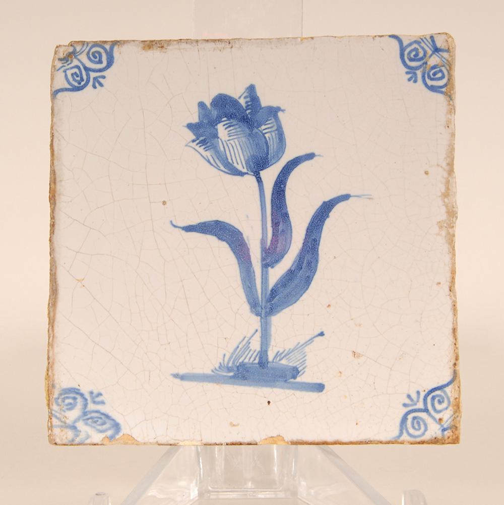 Baroque 17th Century Dutch Delft Tiles Flower and Basket Blue and White Tulip