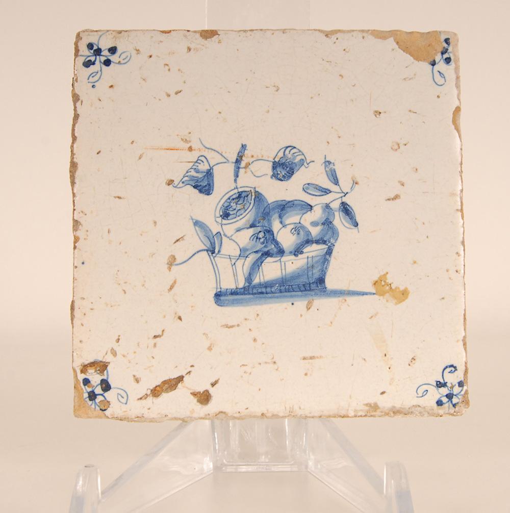 17th Century Dutch Delft Tiles Flower and Basket Blue and White Tulip 2