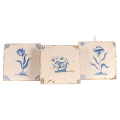 Antique 17th Century Dutch Delft Tiles Flower and Basket Blue and White Tulip