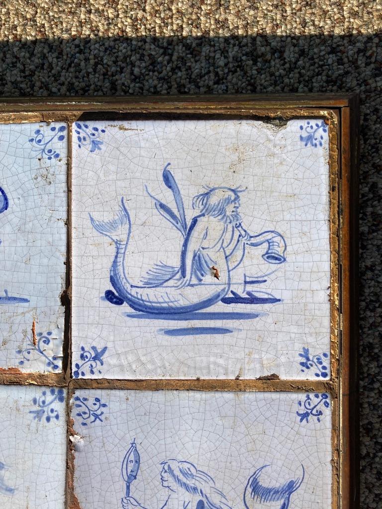 Hand-Painted 17th Century Dutch Delft Tiles of Mermaids, Mermen and Sea Creatures, Set of 20