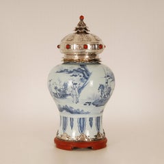 17th Century Dutch Delft Vase Sterling Silver Mounted Chinoiserie Chinese Transi