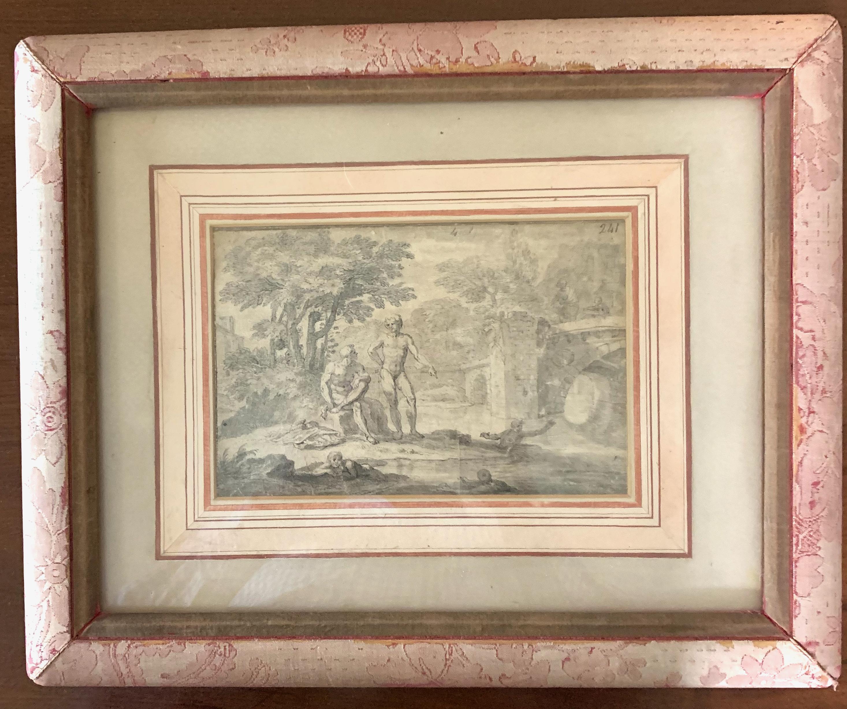 A 17th century engraving of a waterside scene with bathers at the water's edge by Dutch artist Isaac de Moucheron (1667-1774) set in a silk brocade covered frame with early French matte.