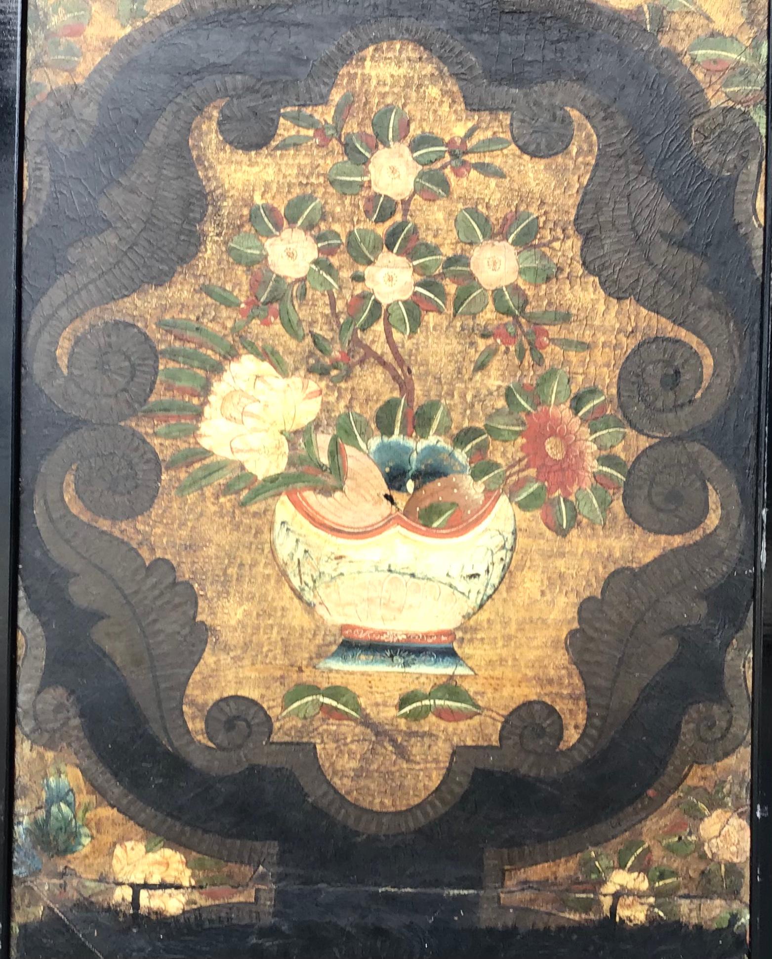 17th Century Dutch Four Panel Chinoiserie Decorated Leather Screen 1