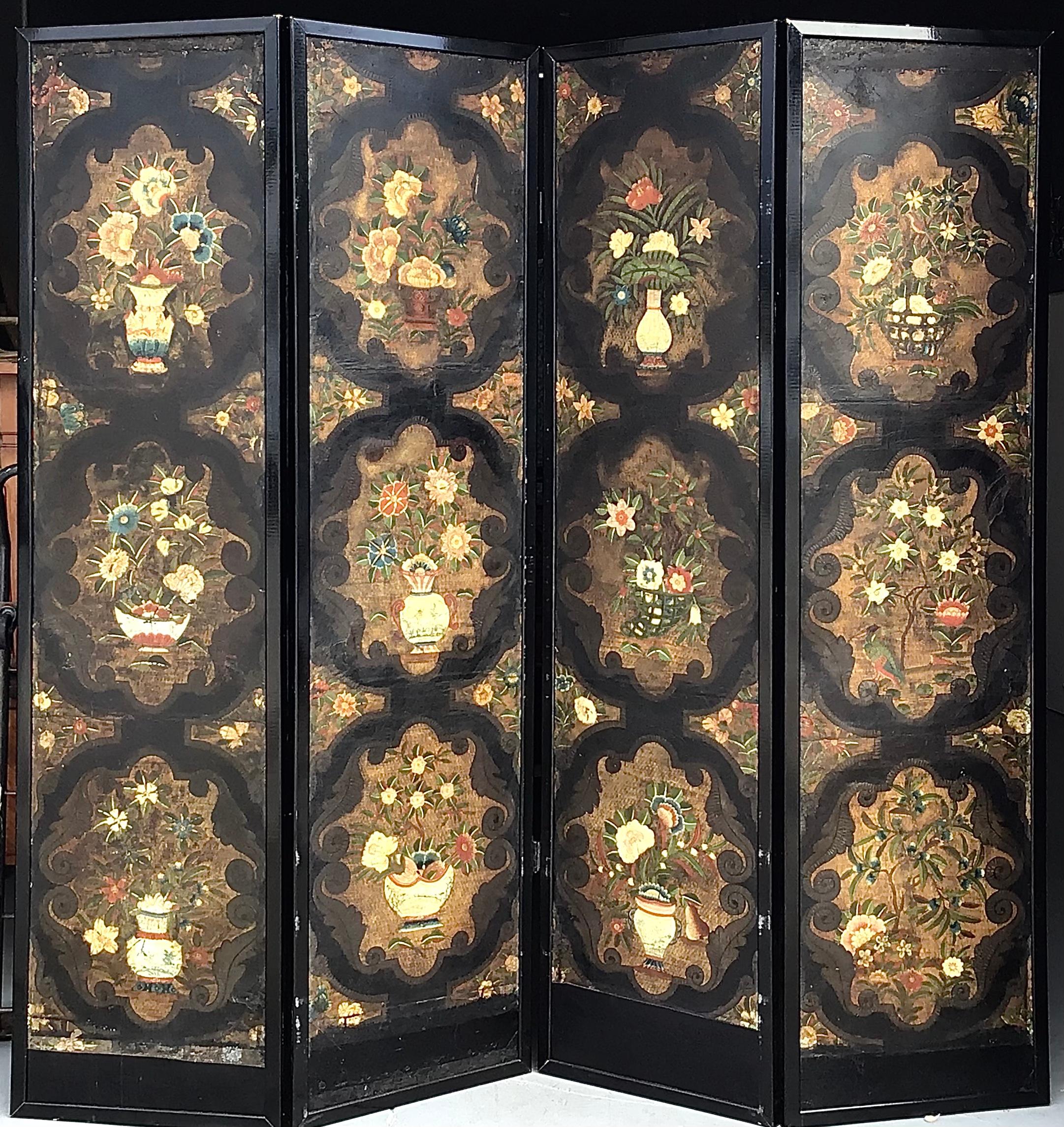 17th Century Dutch Four Panel Chinoiserie Decorated Leather Screen 3