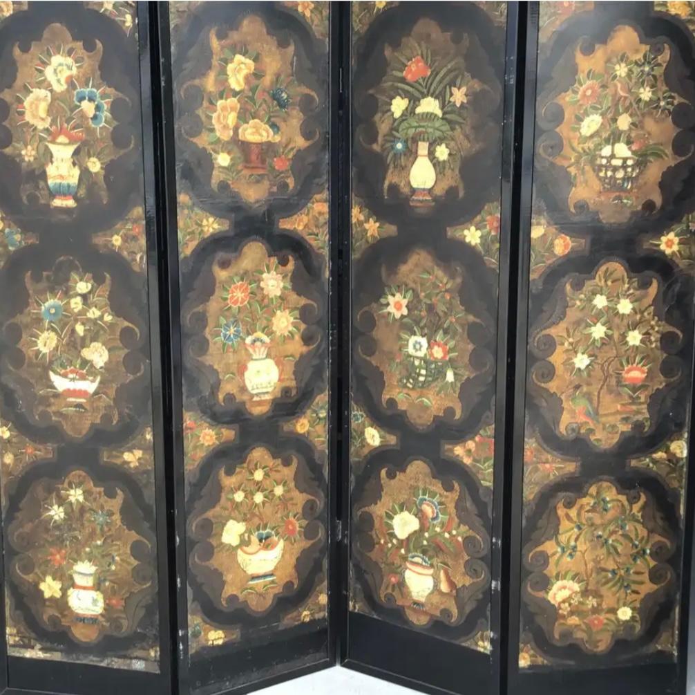 17th Century Dutch Four Panel Chinoiserie Decorated Leather Screen 5