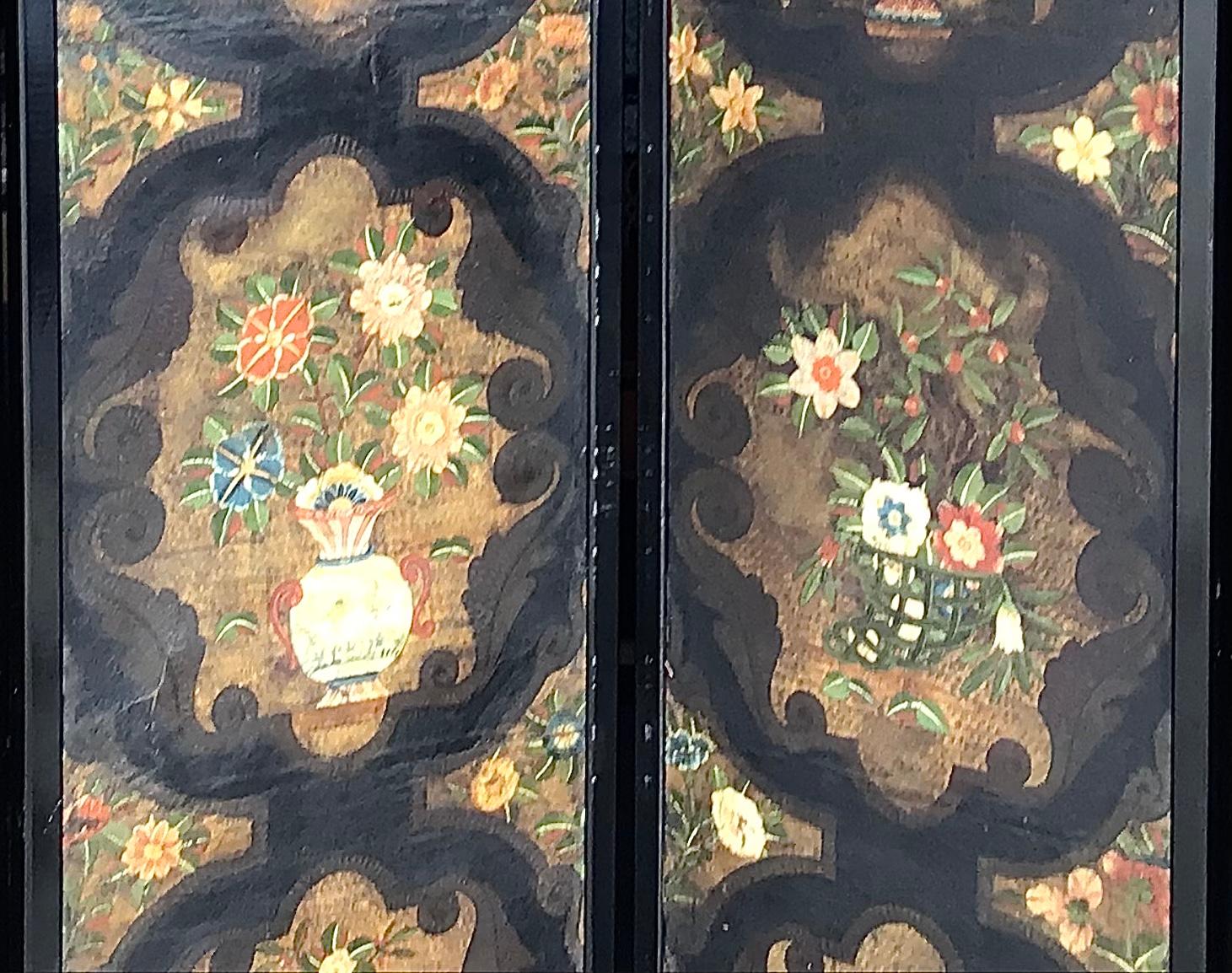 17th Century Dutch four panel chinoiserie decorated tooled leather screen,
With four well painted chinoiserie panels. Each panel is 21 1/4 inches wide. Can be free standing or panels hung seperate on a wall. Beautiful colors. In the 17th and 18th