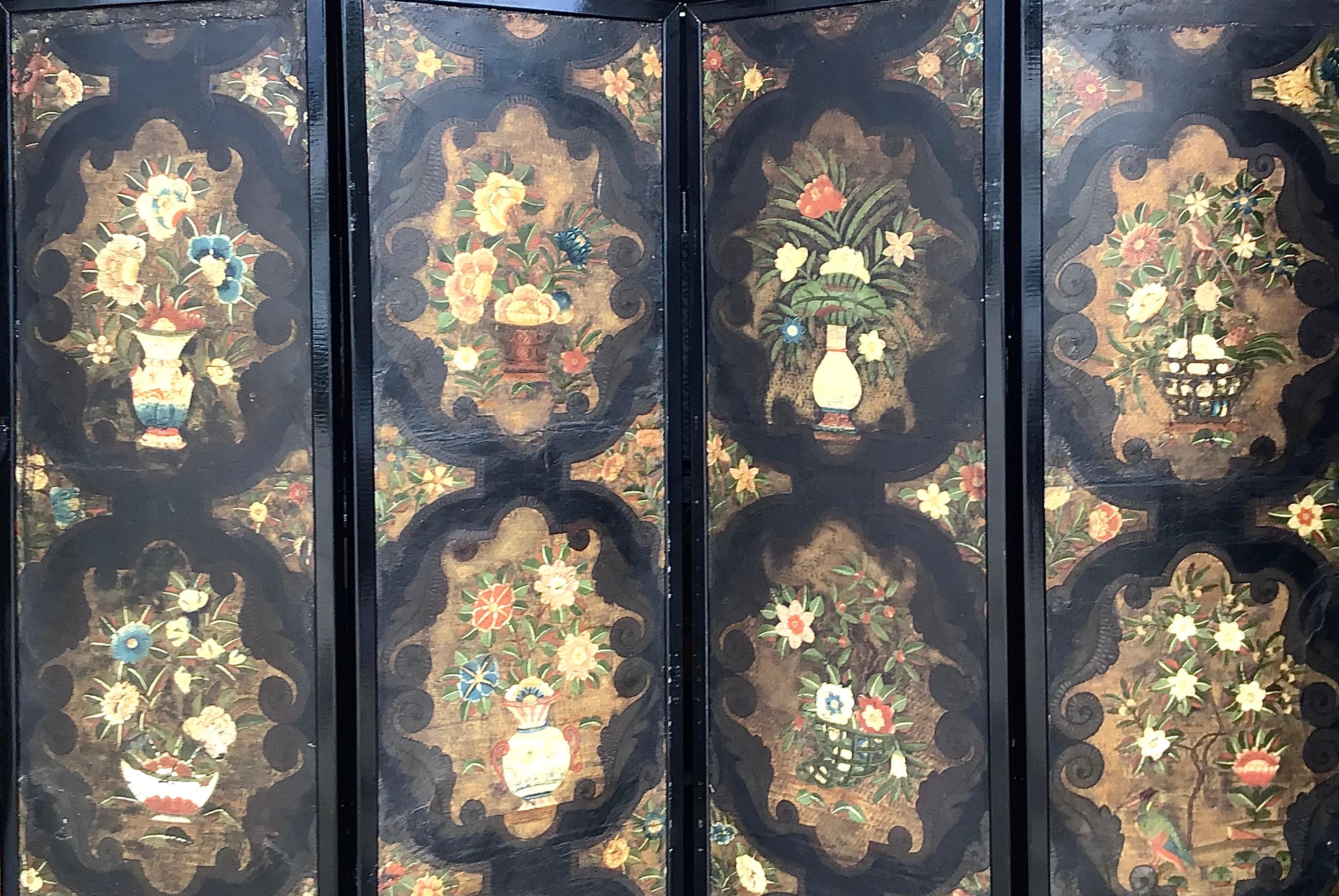 Baroque 17th Century Dutch Four Panel Chinoiserie Decorated Leather Screen