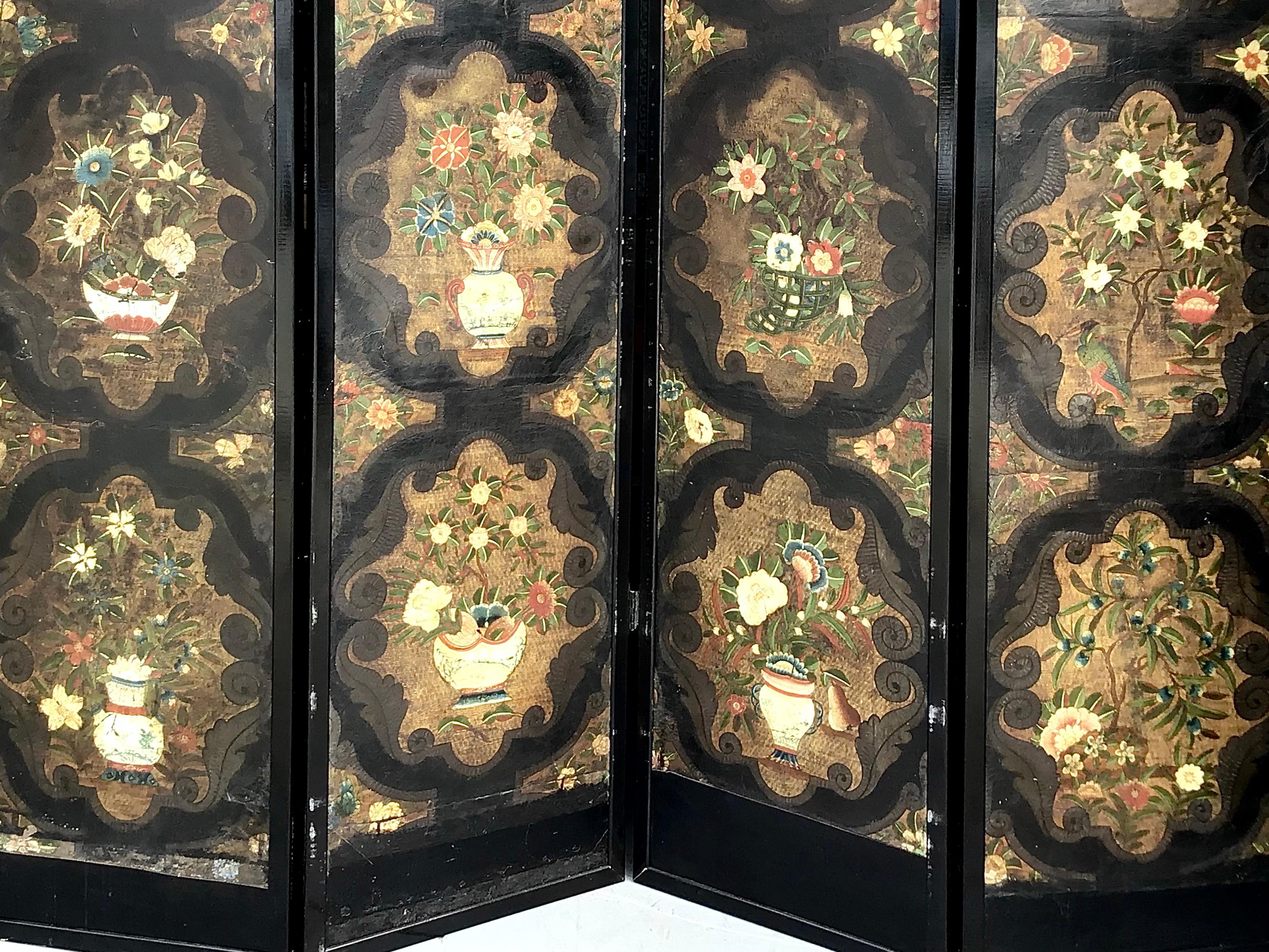 European 17th Century Dutch Four Panel Chinoiserie Decorated Leather Screen