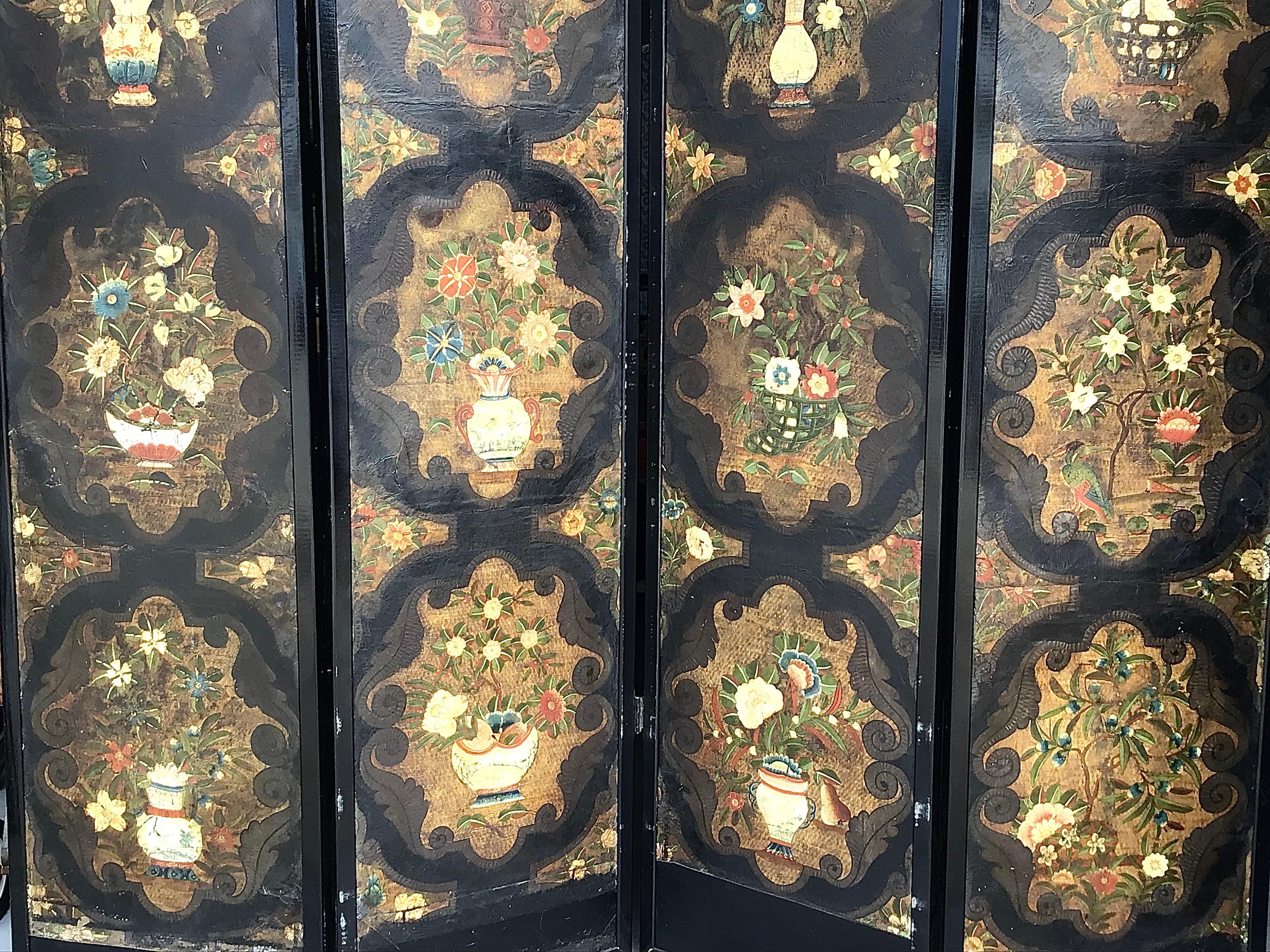 Painted 17th Century Dutch Four Panel Chinoiserie Decorated Leather Screen