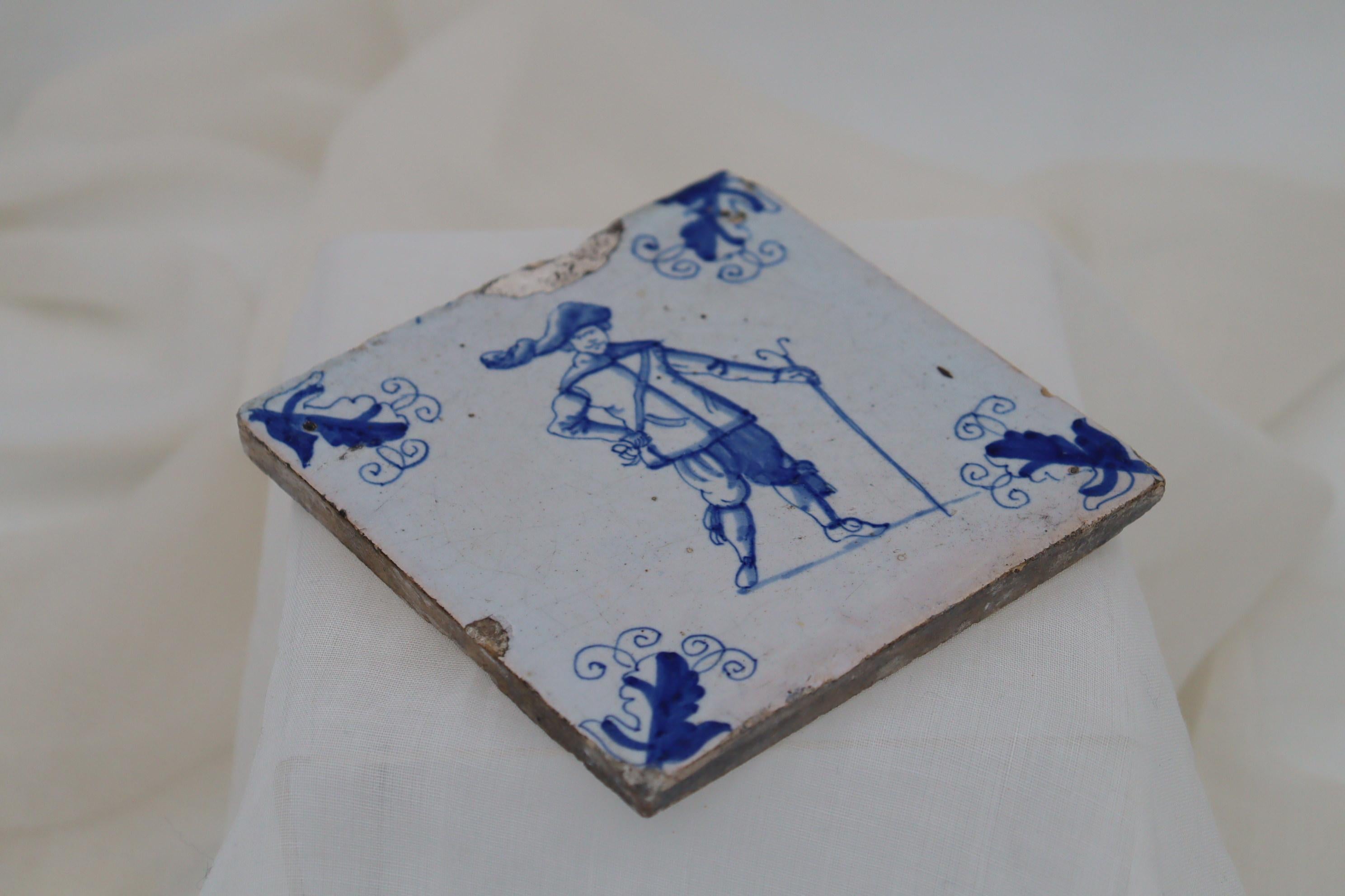 Baroque 17th Century Dutch hand painted delft tile For Sale