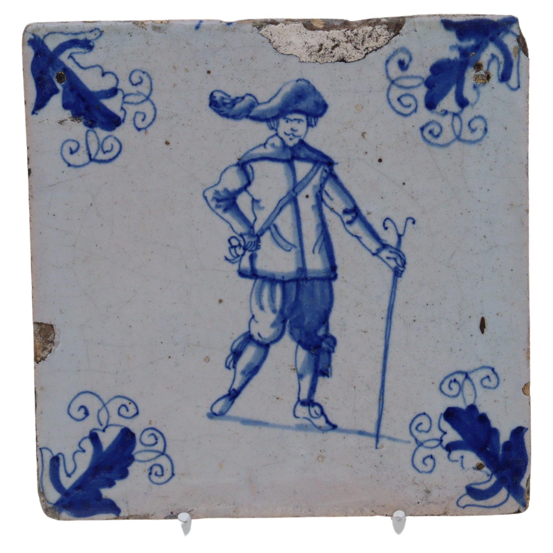 17th Century Dutch hand painted delft tile For Sale
