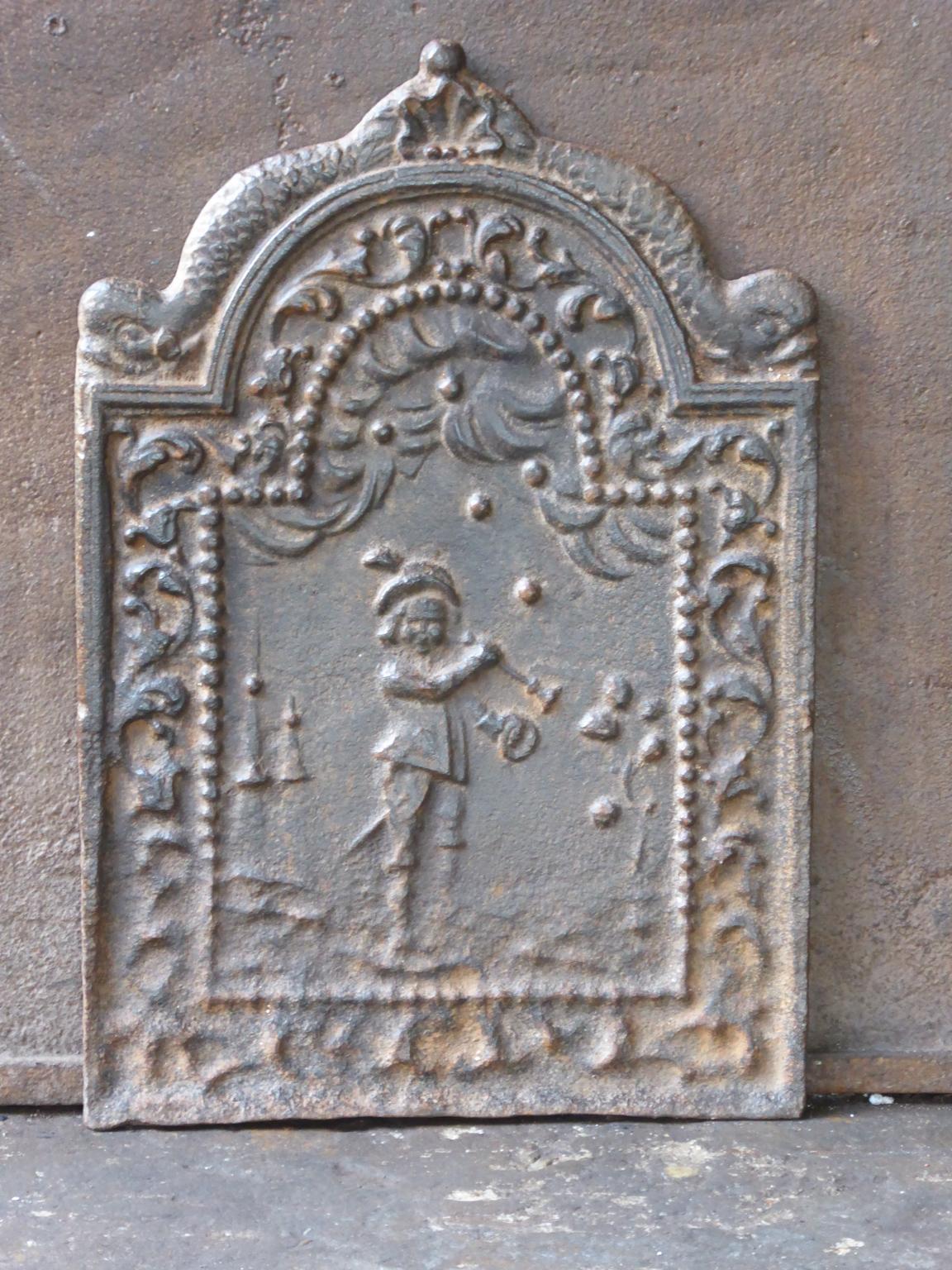 17th Dutch fireback with a bubble blower. The style of the fireback is Louis XIV and it is from that period.

The condition is good, it does not have cracks. Upon request the fireback can be made black at no extra cost.







 