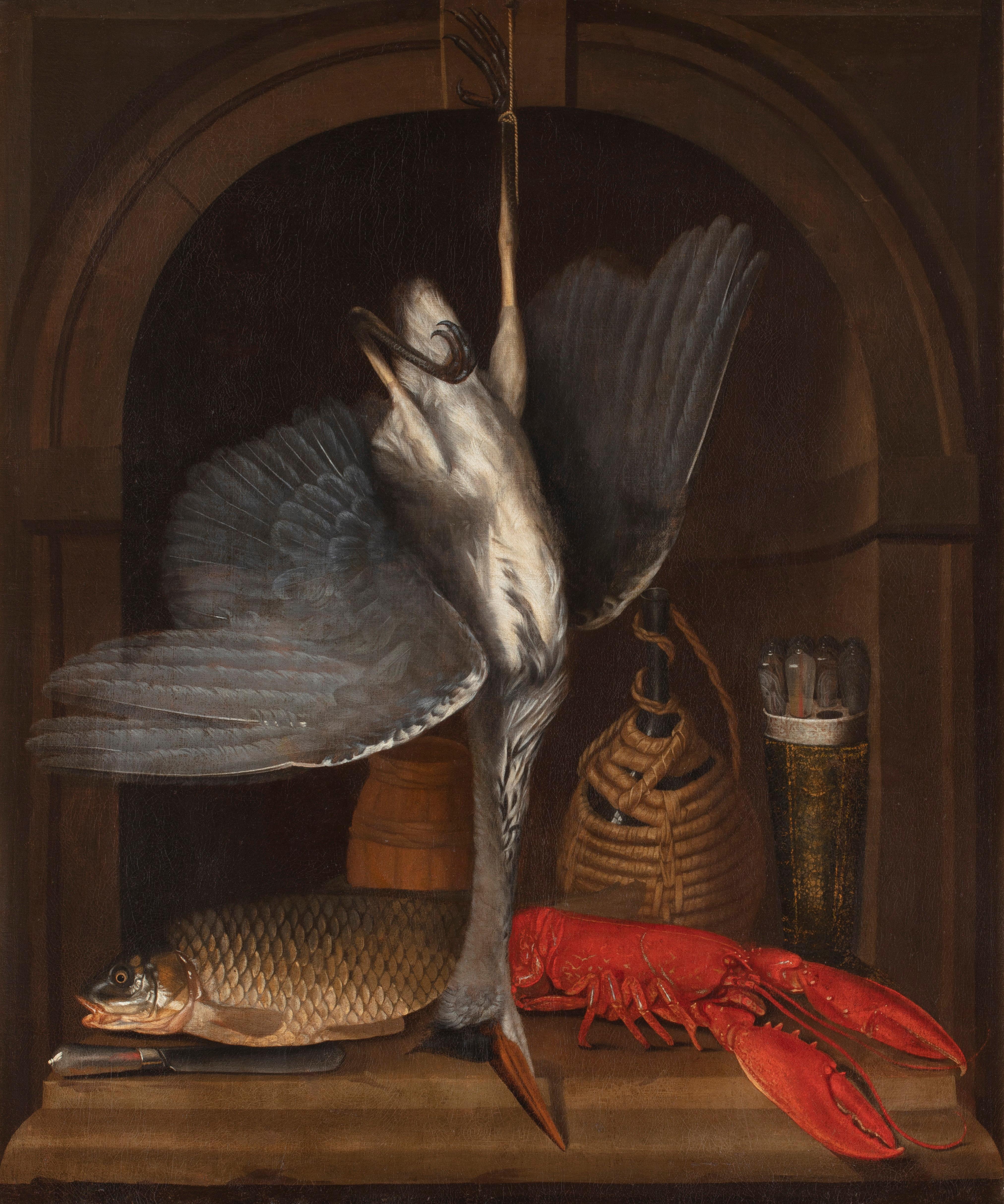 17th century By Dutch maestro Still life with bird, carp & lobster Oil on canvas - Painting by 17th-century Dutch maestro