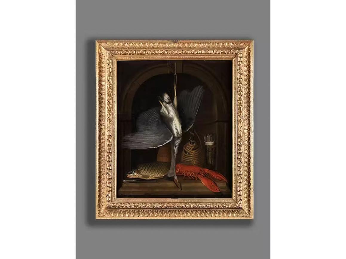 17. Jahrhundert Von niederländischem Maestro Stillleben mit Vogel, Hirsch und Karabiner Öl auf Leinwand – Painting von 17th-century Dutch maestro