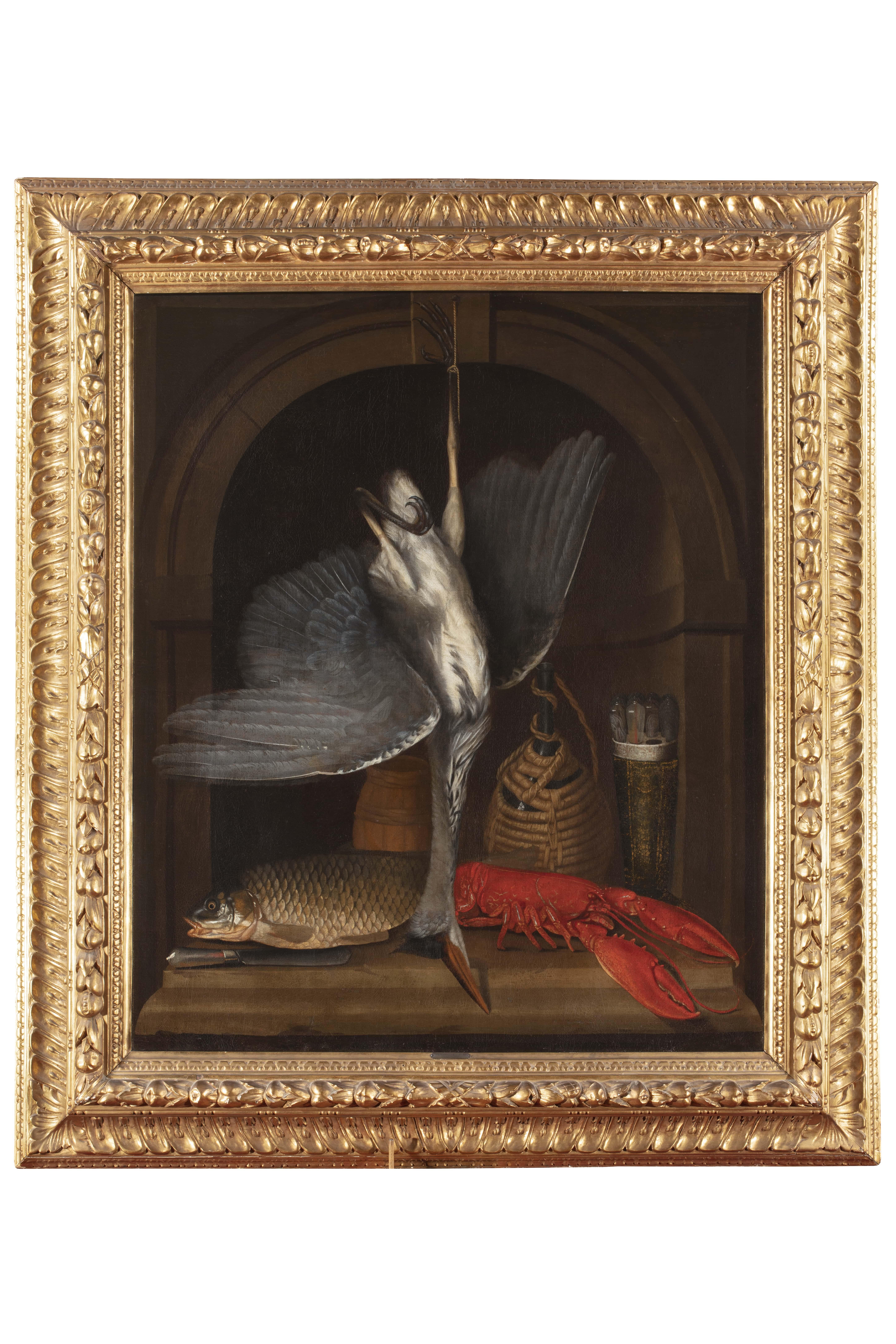 17. Jahrhundert Von niederländischem Maestro Stillleben mit Vogel, Schnitzerei und Hummer Öl auf Leinwand