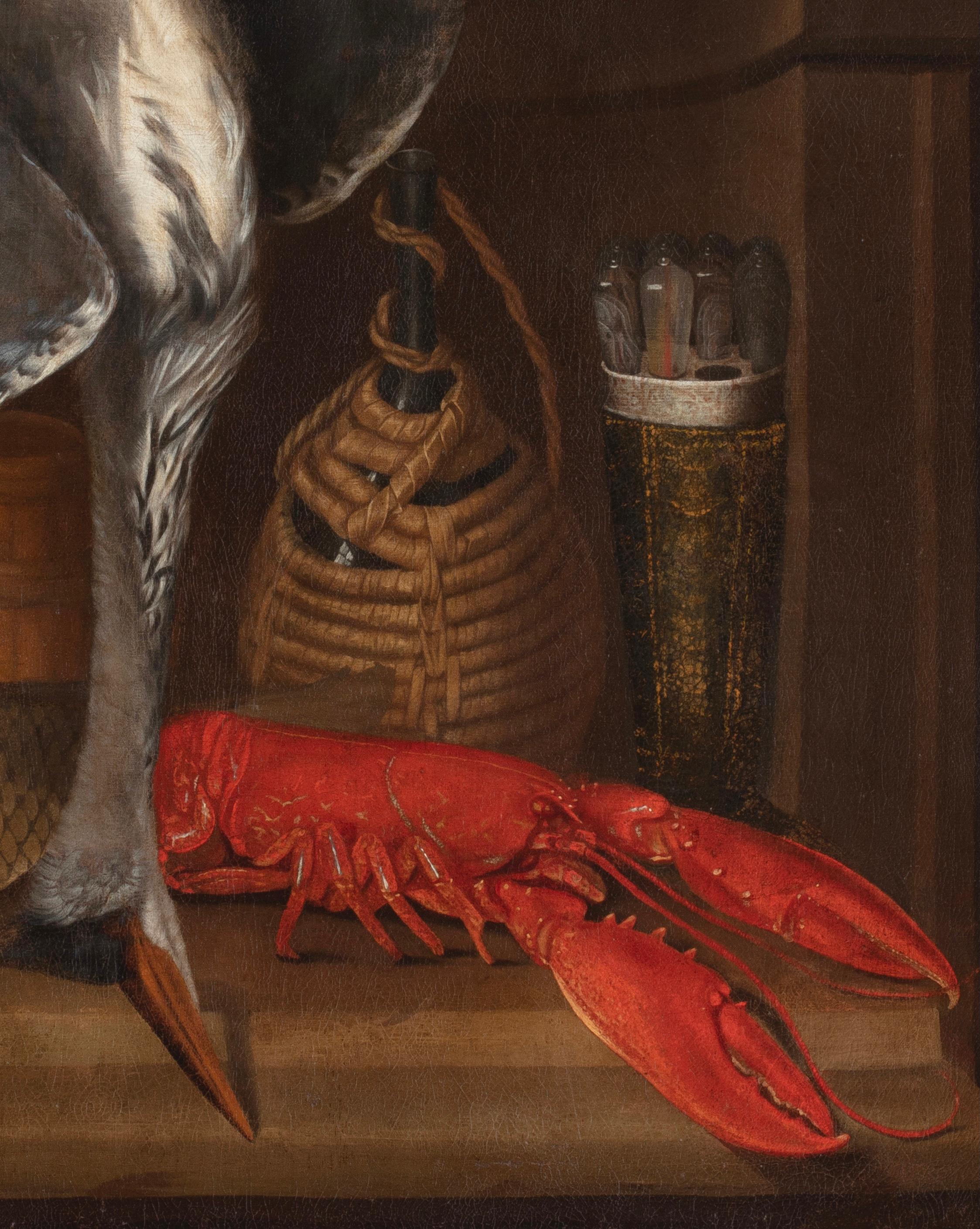 17th century By Dutch maestro Still life with bird, carp & lobster Oil on canvas - Old Masters Painting by 17th-century Dutch maestro