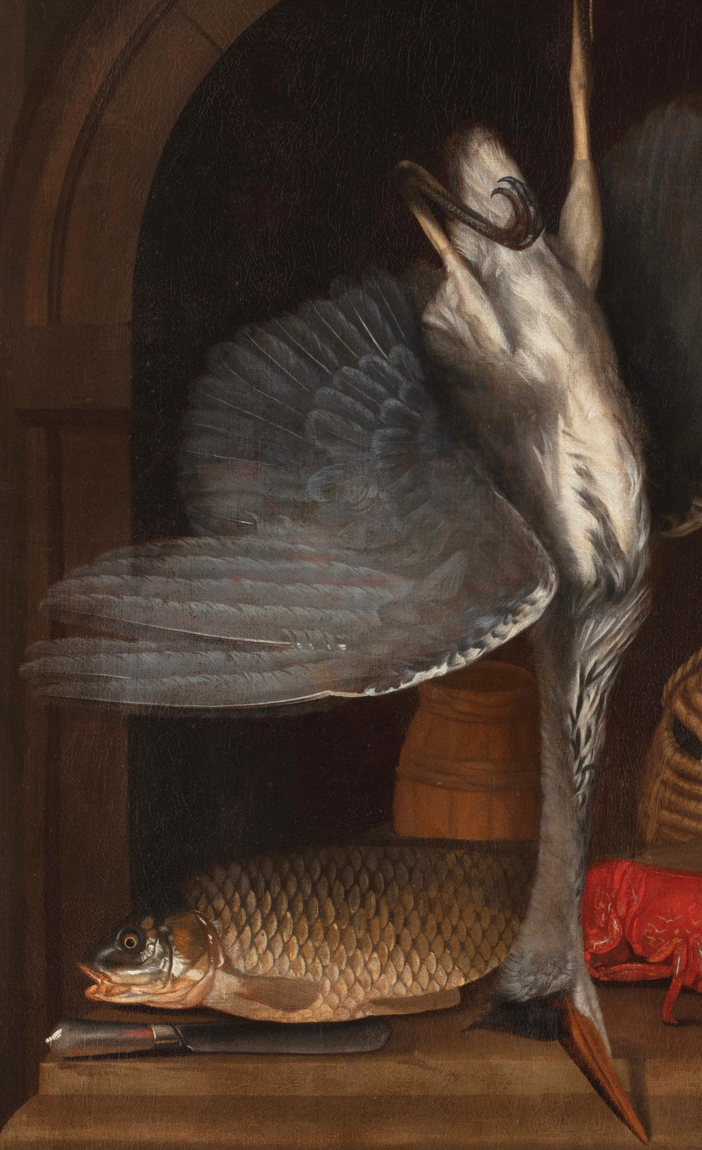 17. Jahrhundert Von niederländischem Maestro Stillleben mit Vogel, Schnitzerei und Hummer Öl auf Leinwand (Braun), Still-Life Painting, von 17th-century Dutch maestro