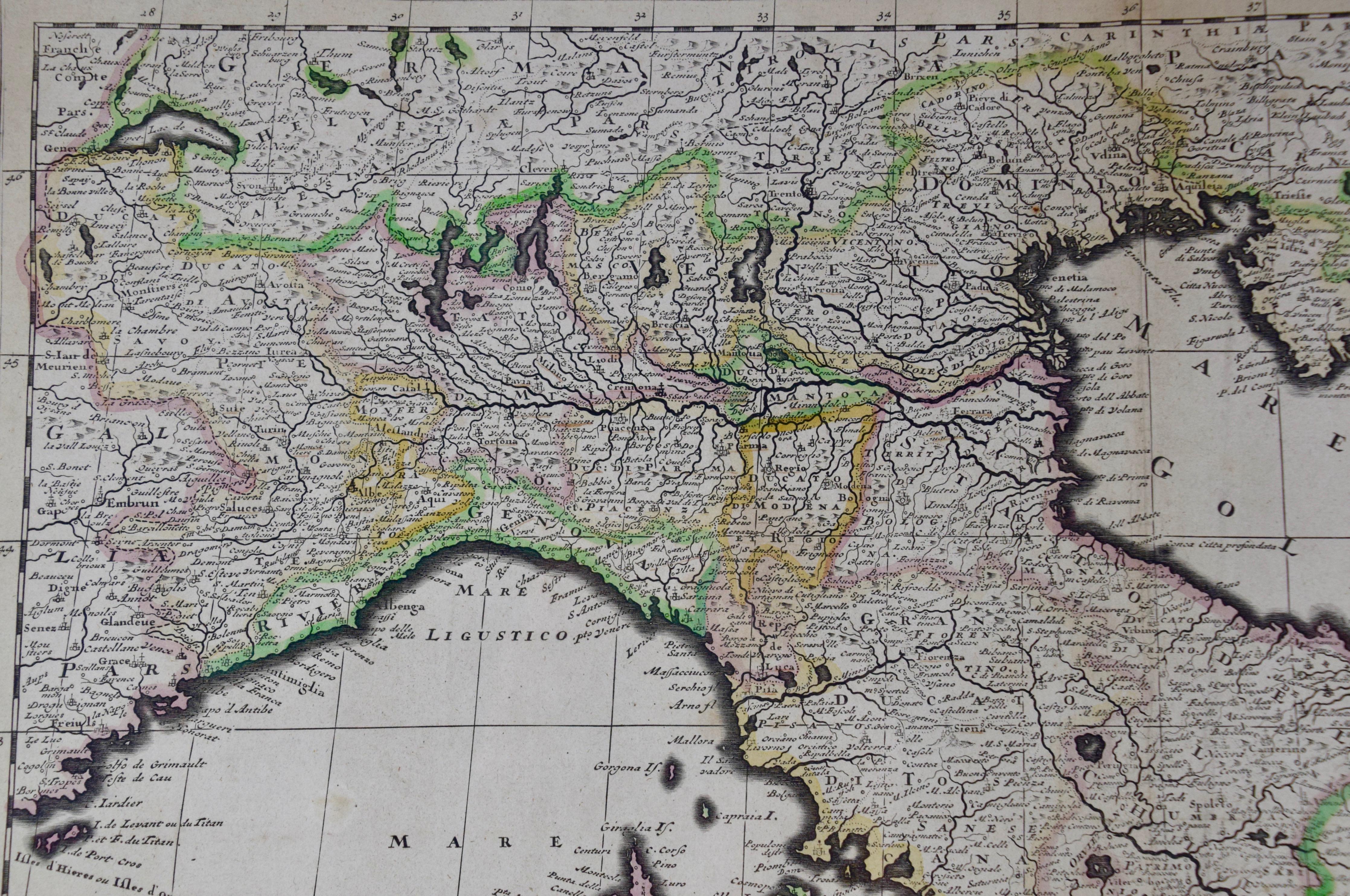 Engraved Italy, Sicily, Sardinia, Corsica and Dalmatian Coast: A 17th Century Dutch Map For Sale