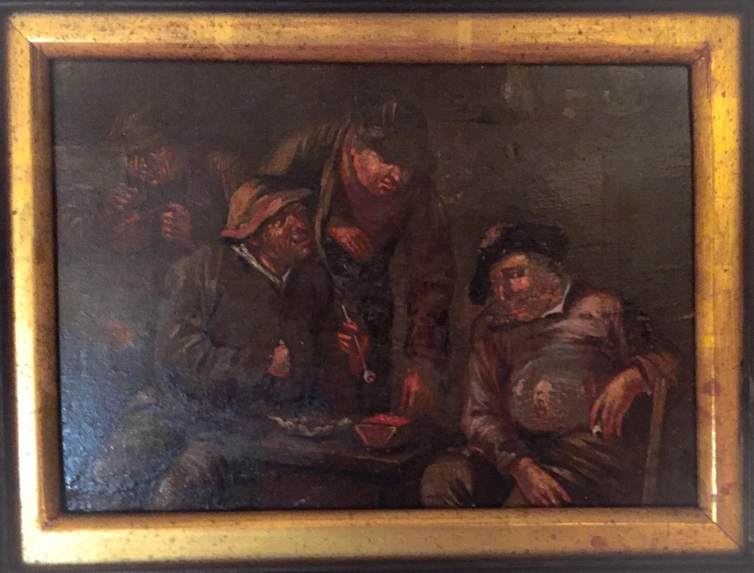 This is an oil painting on a small hand shaved beveled oakwood panel. According to an old label on the back of the panel this painting is attributed to Adriaen van Ostade, known as the painter of The Dutch Golden Age. The painting shows peasants