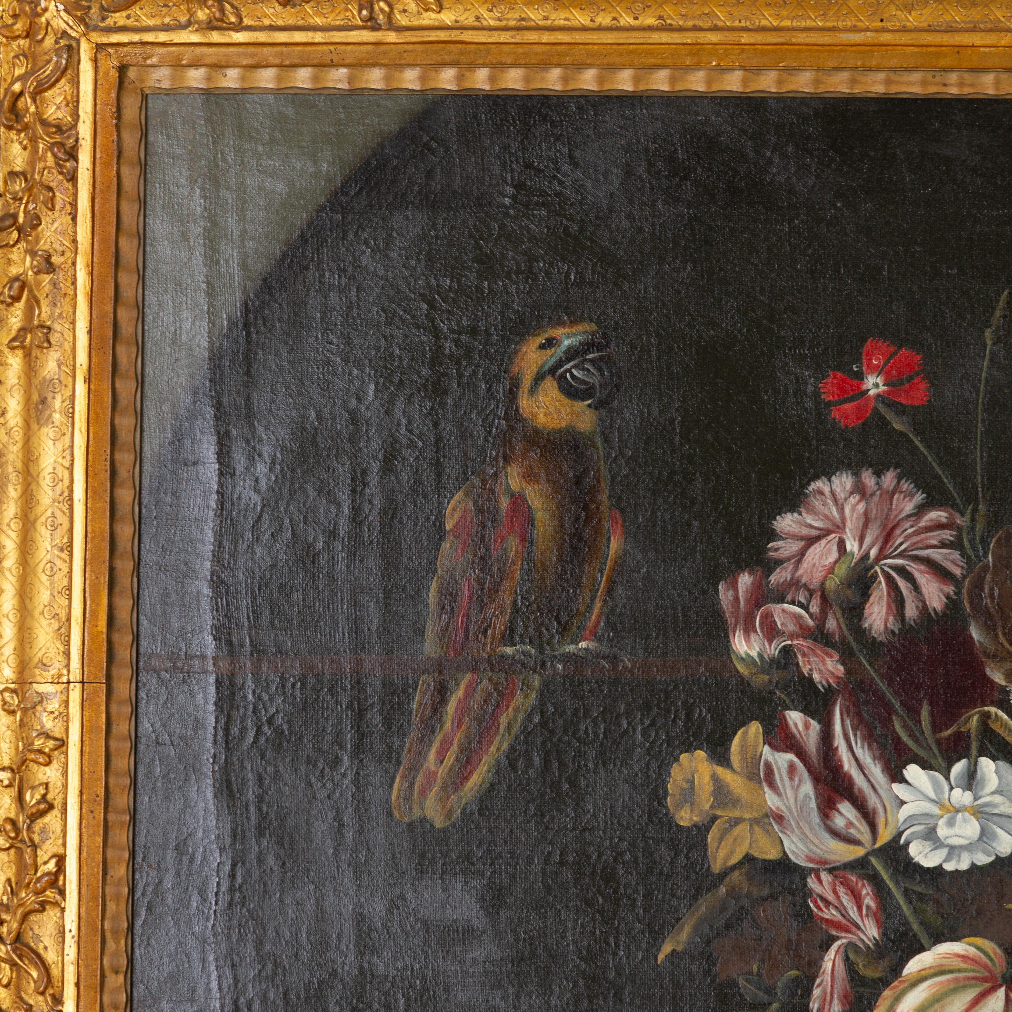 17th Century Dutch Old Master Tulips and Parrots Still Life Oil Painting  In Good Condition For Sale In Nottingham, GB