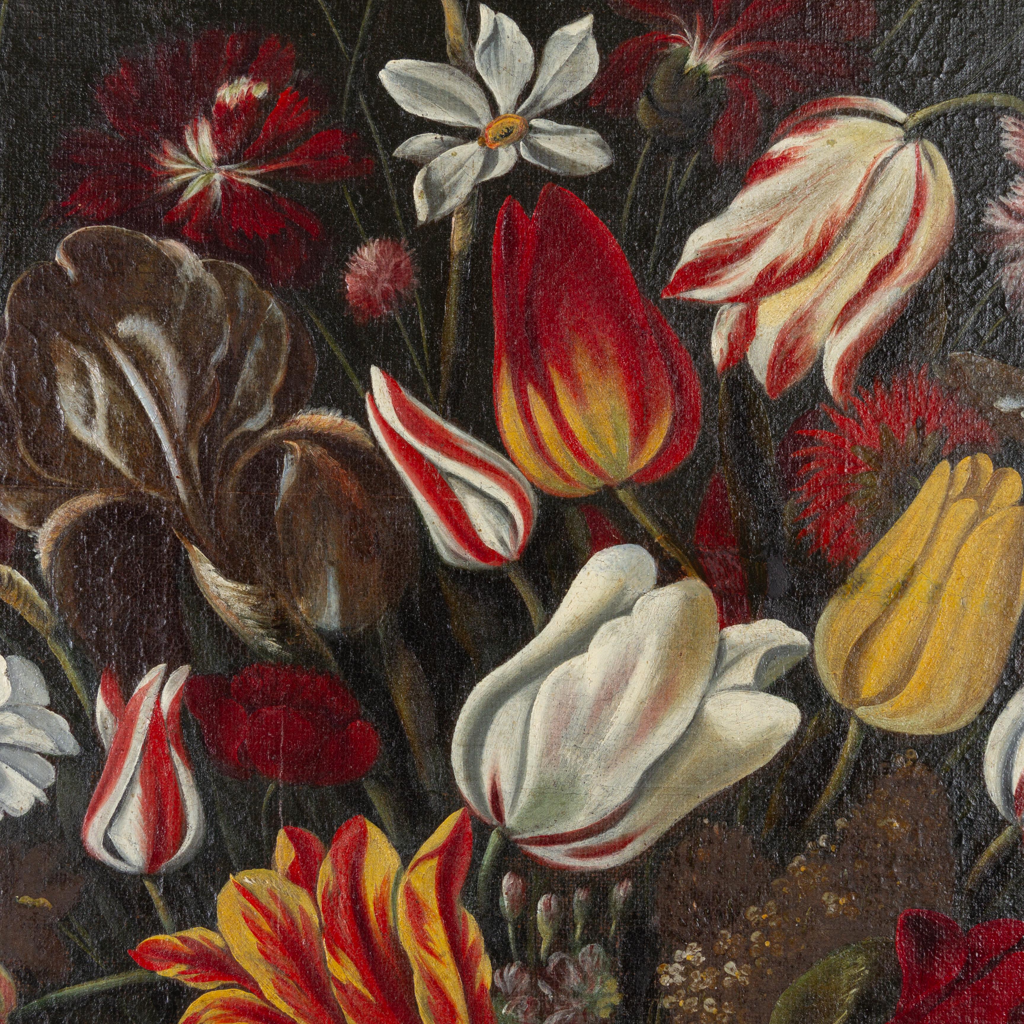 Canvas 17th Century Dutch Old Master Tulips and Parrots Still Life Oil Painting  For Sale