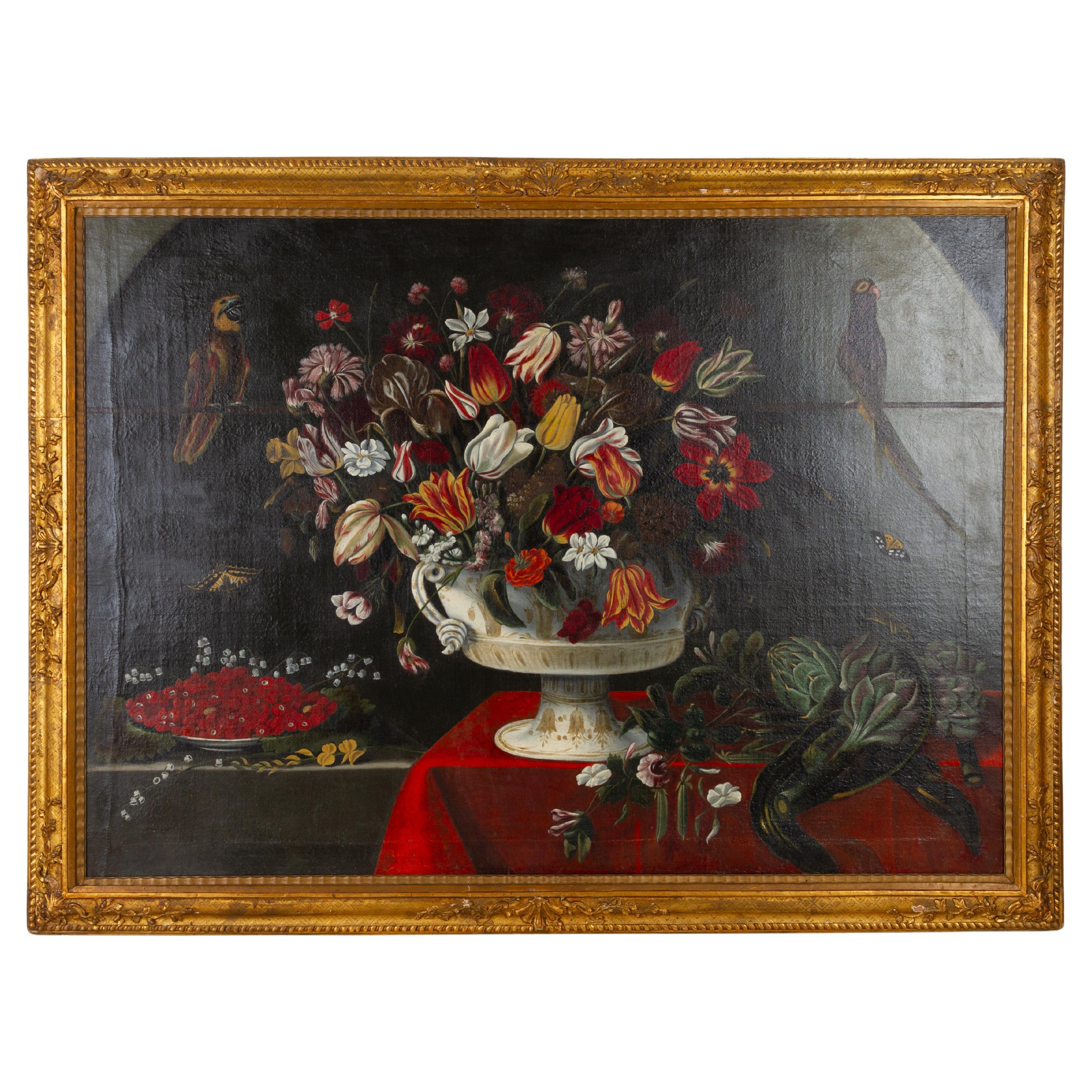 17th Century Dutch Old Master Tulips and Parrots Still Life Oil Painting  For Sale