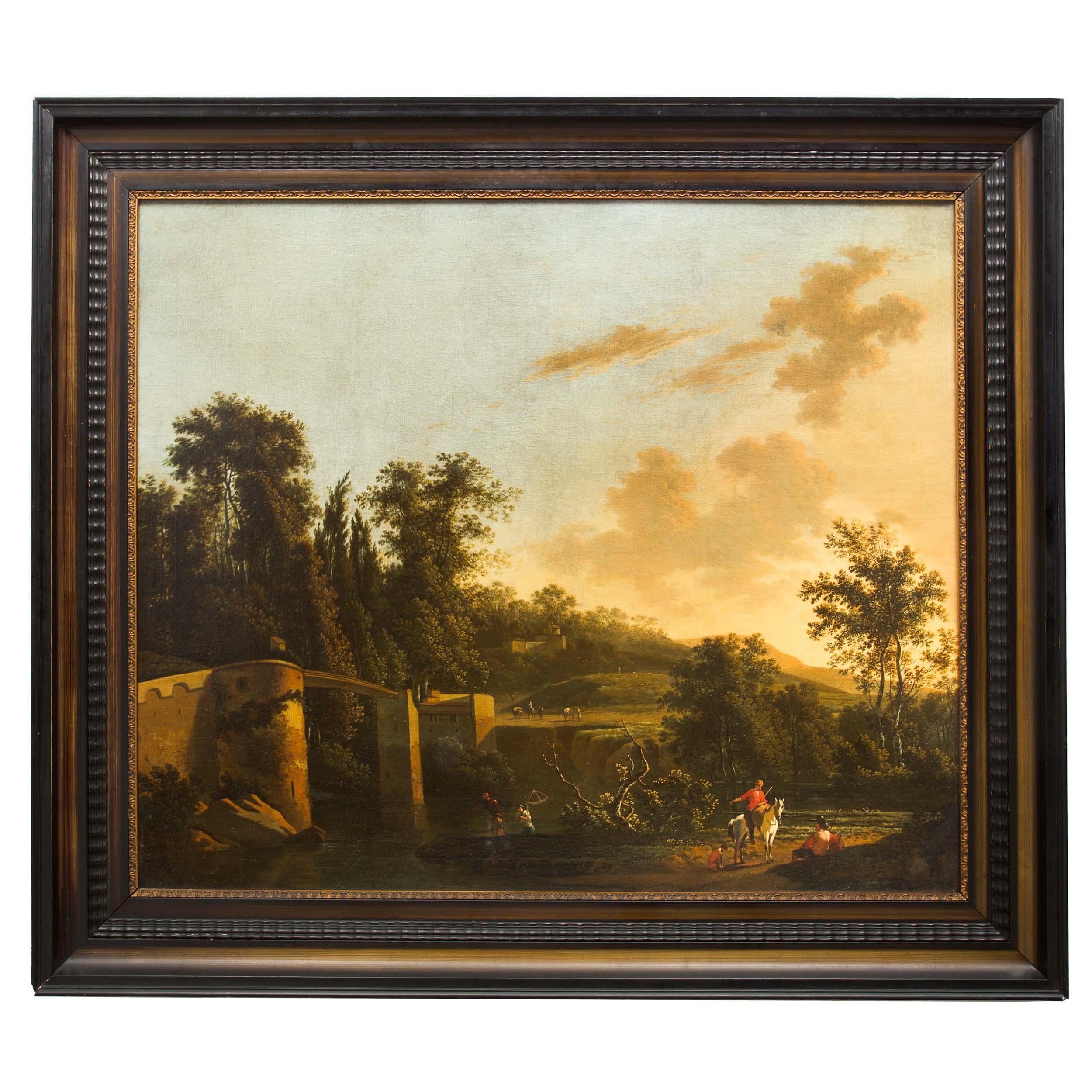 An exquisite sweeping landscape of the Italian countryside with bright blue skies in a gentle gradation towards a golden hue brought on by the nearly setting sun. Fishermen are busy at work in the river while a gentleman on horseback converses with