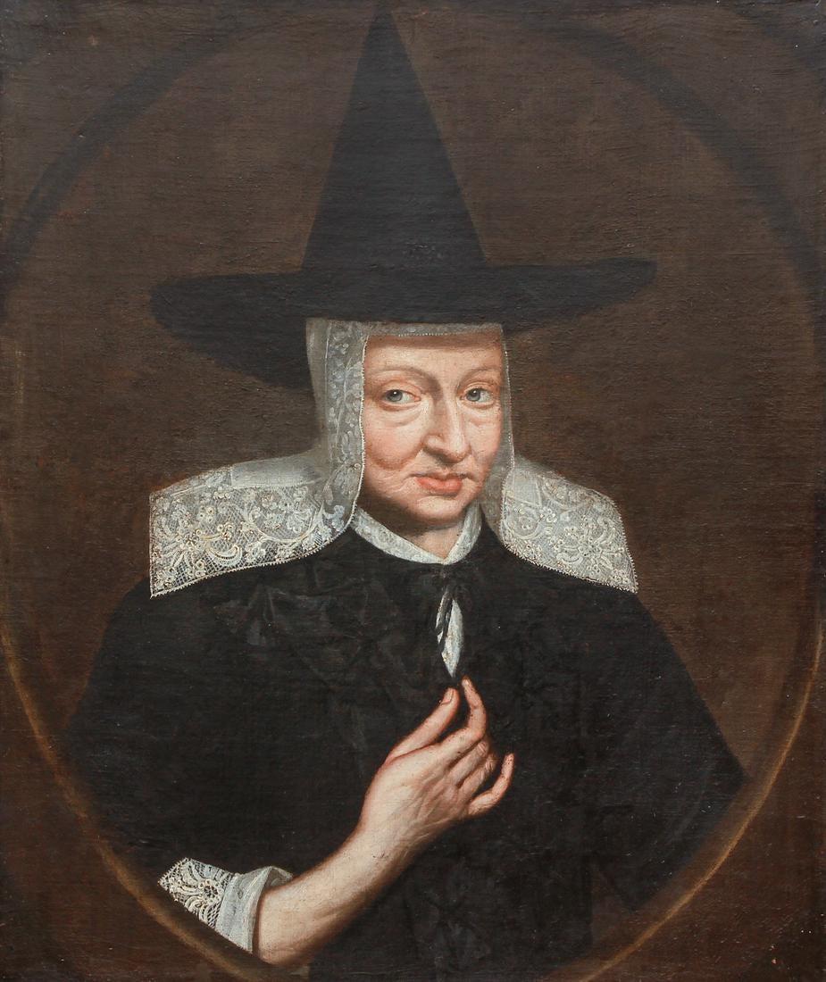 Period mid-late 17th century of an Elderly Aristocratic Woman in a conical hat, known today as a witch hat. In a lace head shawl and either pinching her cape together to appear less feminine or holding a concealed amulet.

While the concept of the