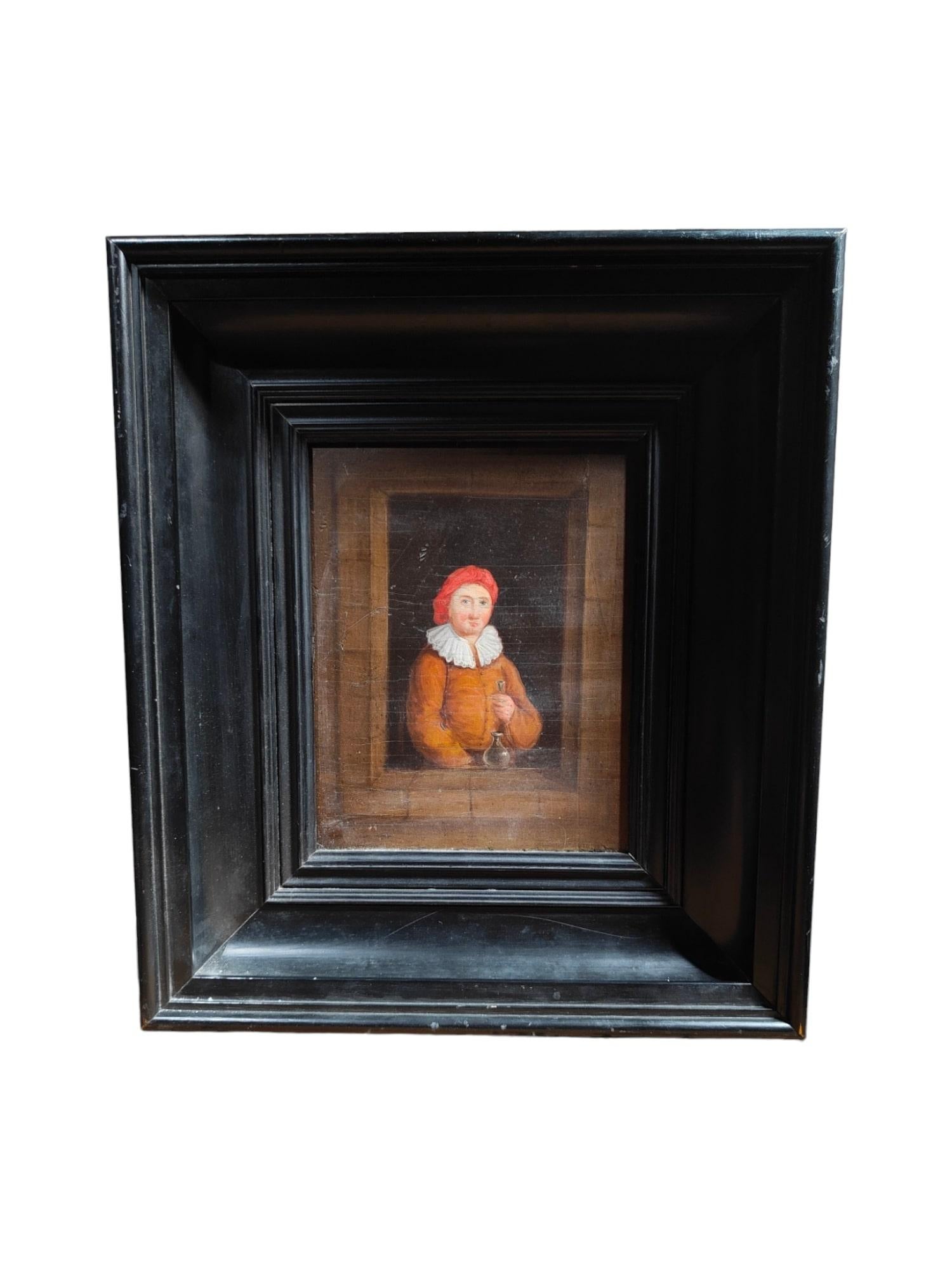 This elegant Dutch portrait, painted in oil on a wood panel, is a remarkable piece that encapsulates the distinction and artistic mastery of the 17th century. Measuring 21x17 cm without the frame, this timeless artwork has been later framed in