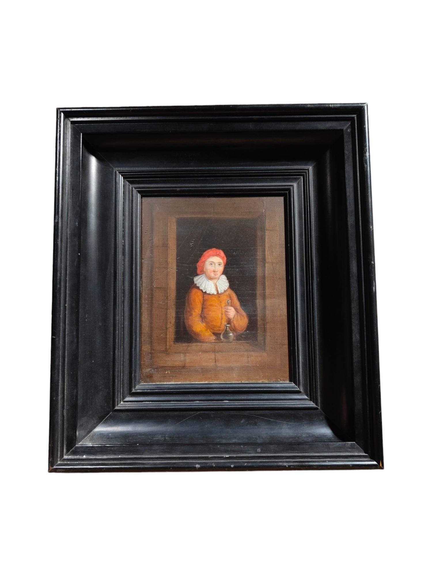 17th Century Dutch Portrait - Oil on Wood Panel with Black Painted Frame In Good Condition For Sale In Madrid, ES