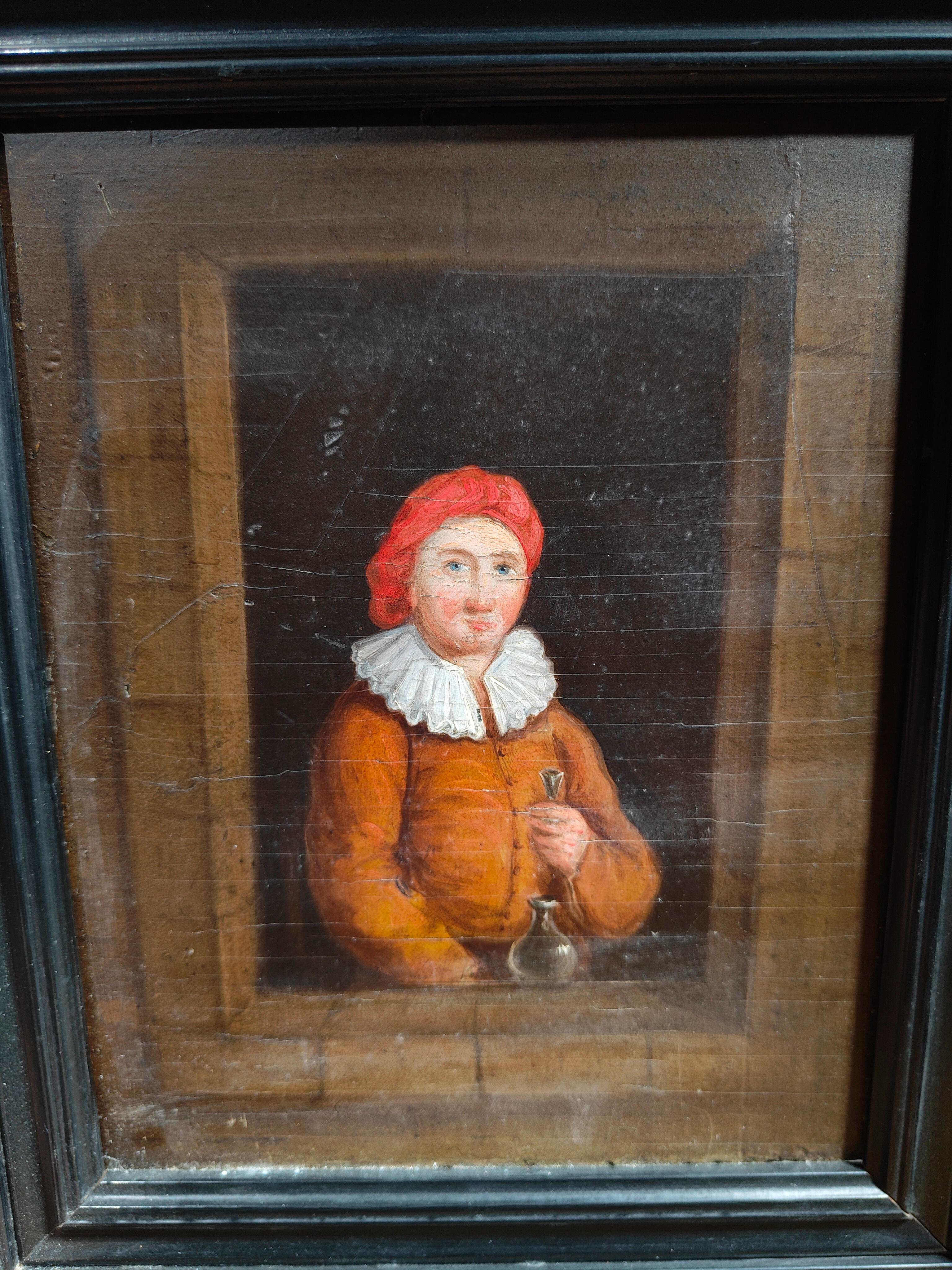 18th Century and Earlier 17th Century Dutch Portrait - Oil on Wood Panel with Black Painted Frame For Sale