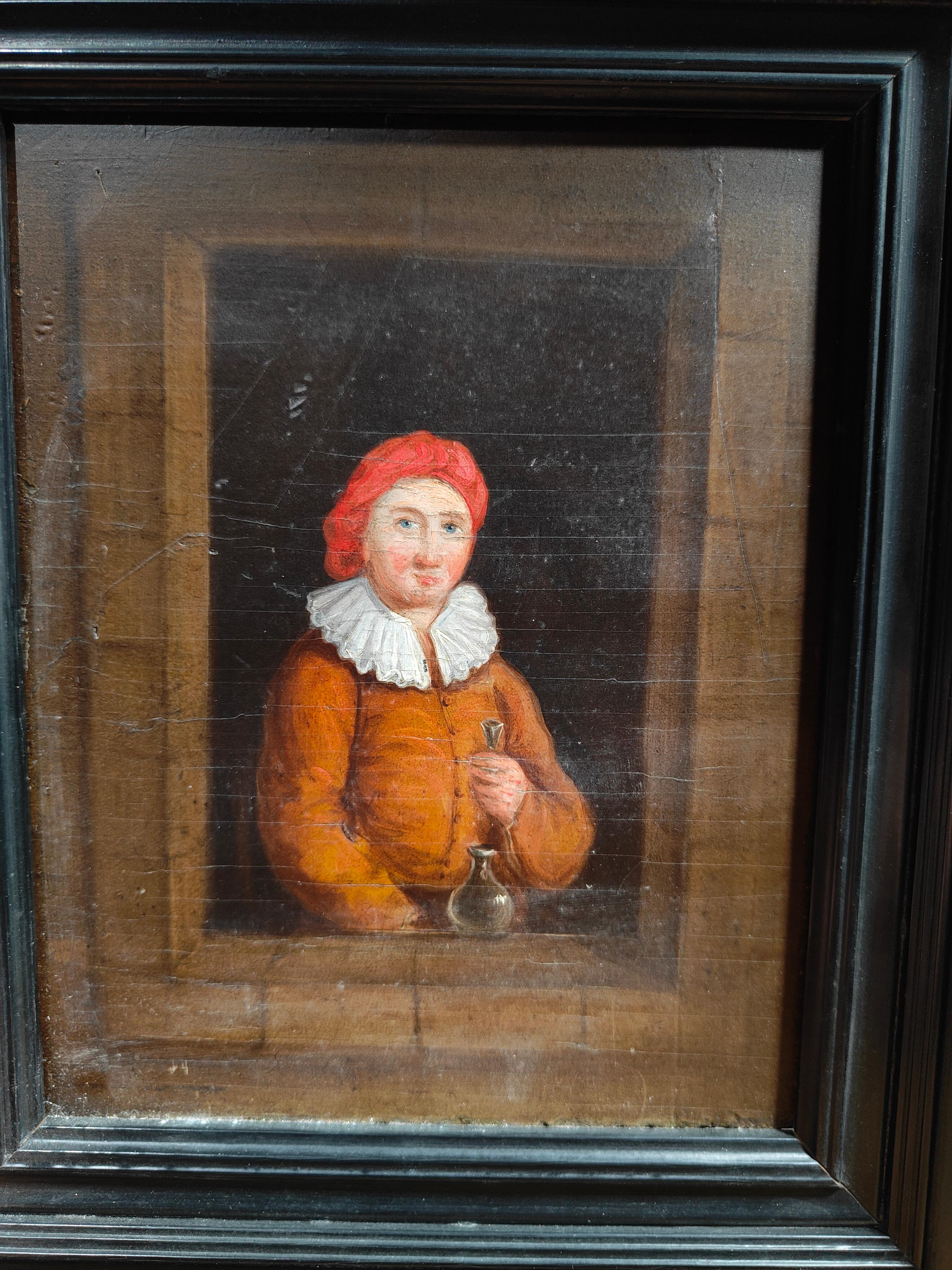 Fruitwood 17th Century Dutch Portrait - Oil on Wood Panel with Black Painted Frame For Sale