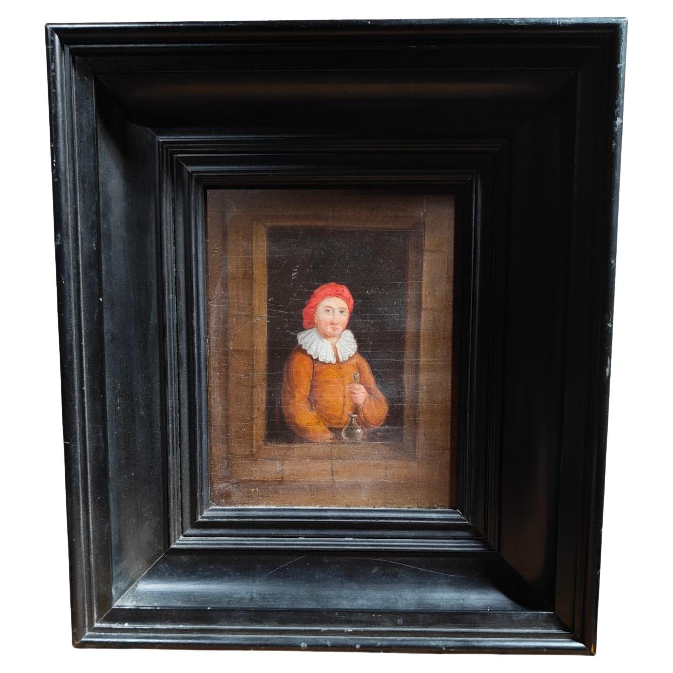 17th Century Dutch Portrait - Oil on Wood Panel with Black Painted Frame For Sale