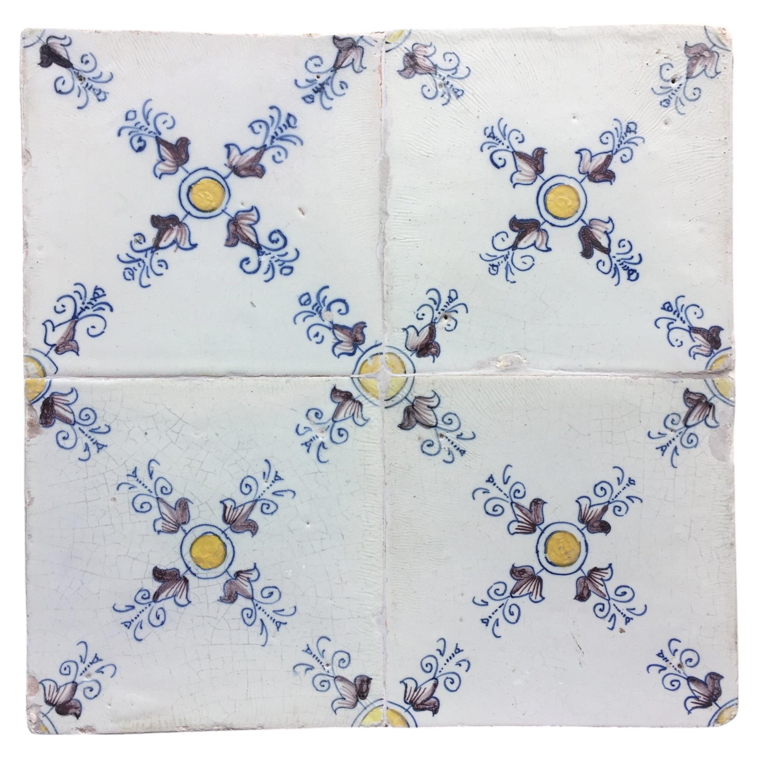 17th century Dutch Renaissance Delft Tile Panel, consisting of four tiles.