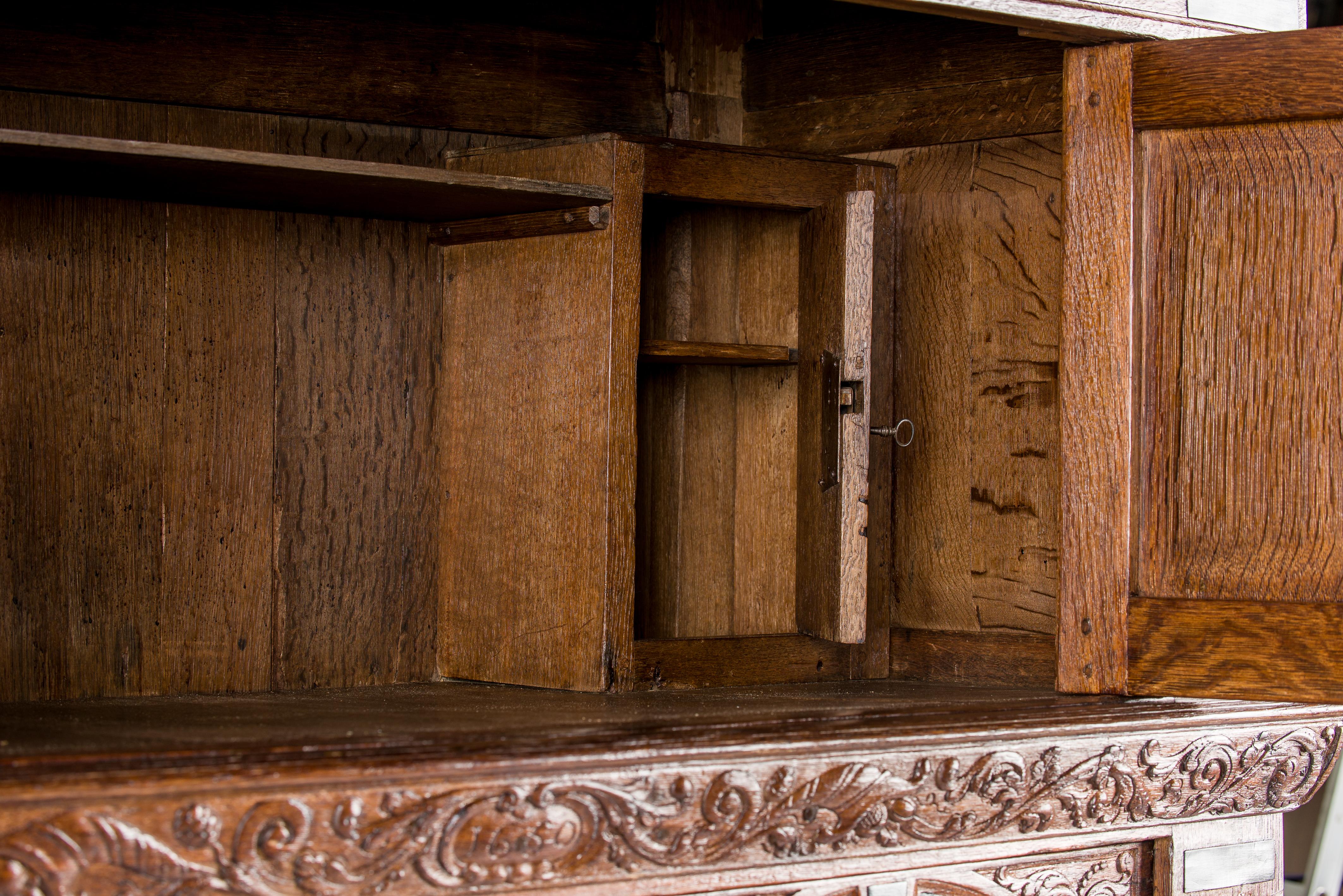 17th Century Dutch Renaissance Oak and Ebony Inlay Four-Door Cabinet Dated 1660 For Sale 8