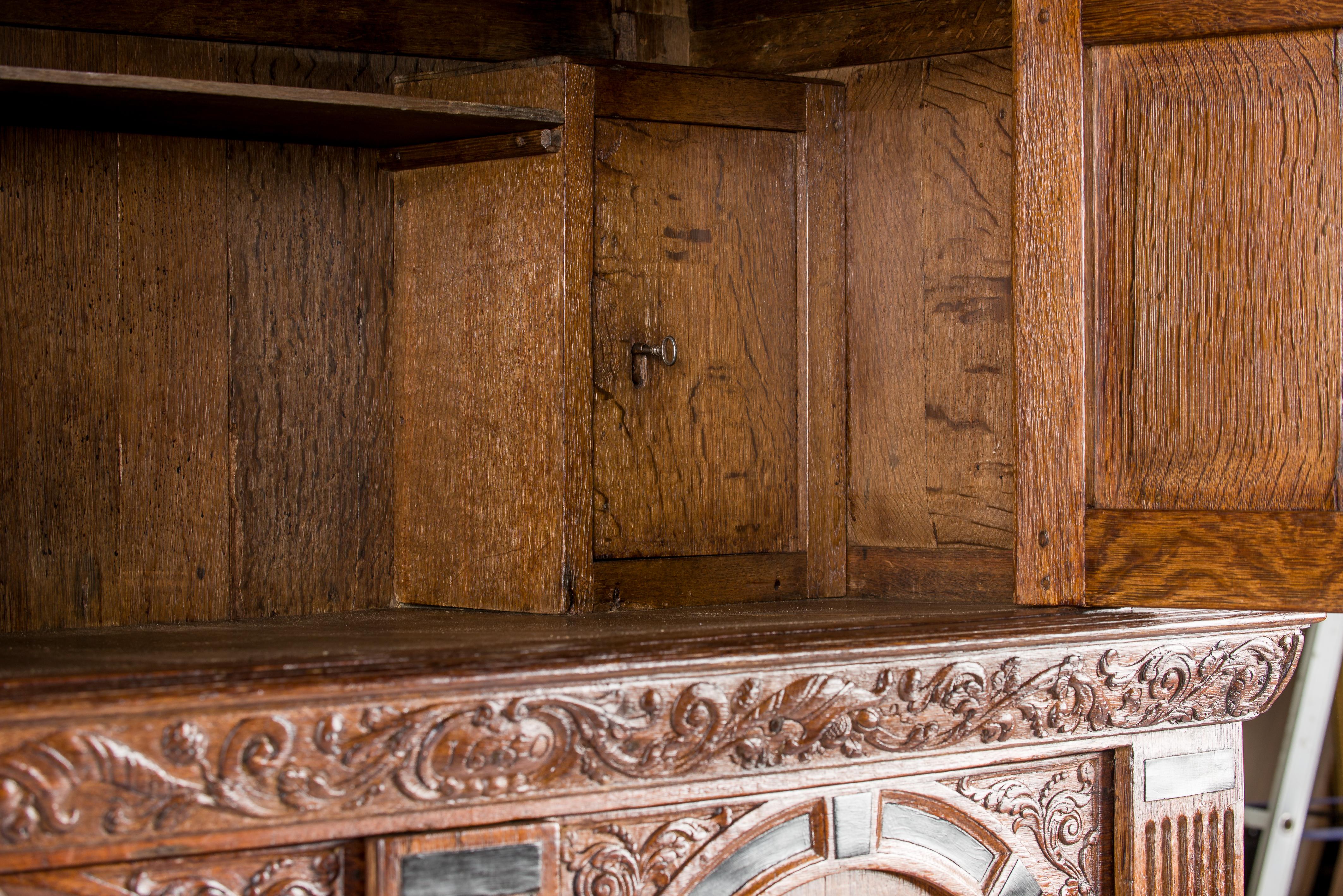 17th Century Dutch Renaissance Oak and Ebony Inlay Four-Door Cabinet Dated 1660 For Sale 9