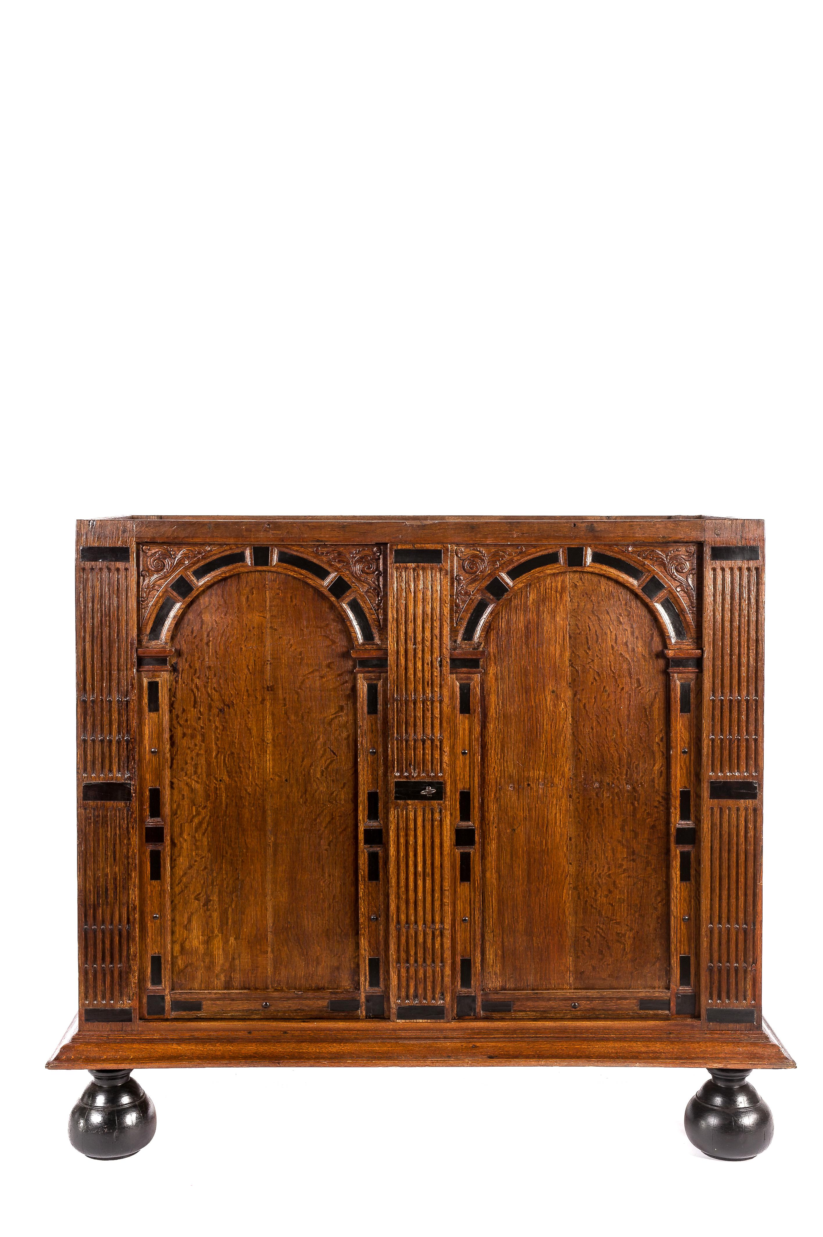 17th Century Dutch Renaissance Oak and Ebony Inlay Four-Door Cabinet Dated 1660 For Sale 12