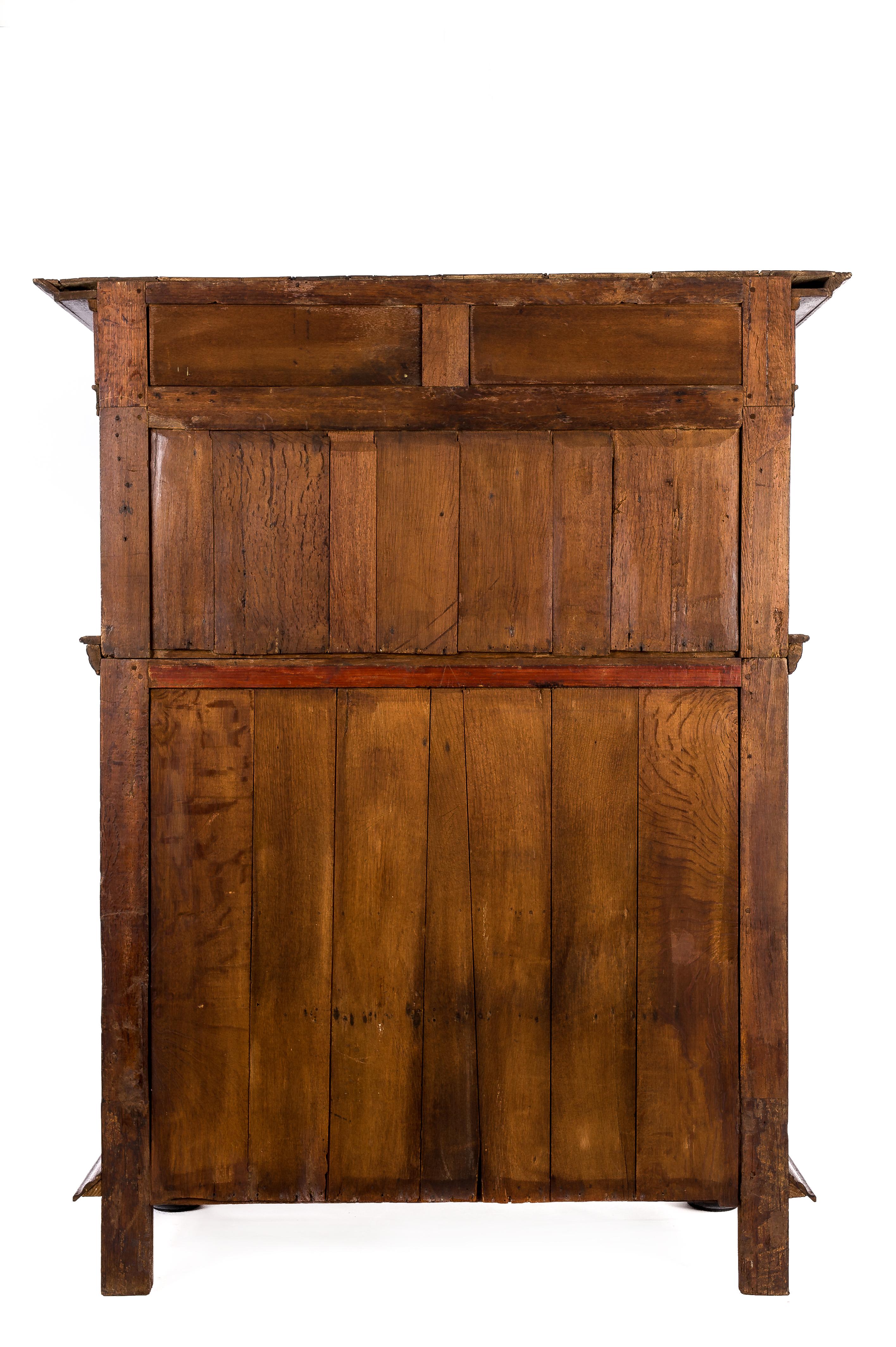 17th Century Dutch Renaissance Oak and Ebony Inlay Four-Door Cabinet Dated 1660 For Sale 13