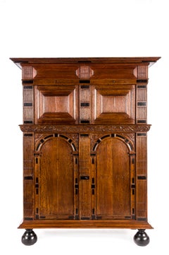 17th Century Dutch Renaissance Oak and Ebony Inlay Four-Door Cabinet Dated 1660