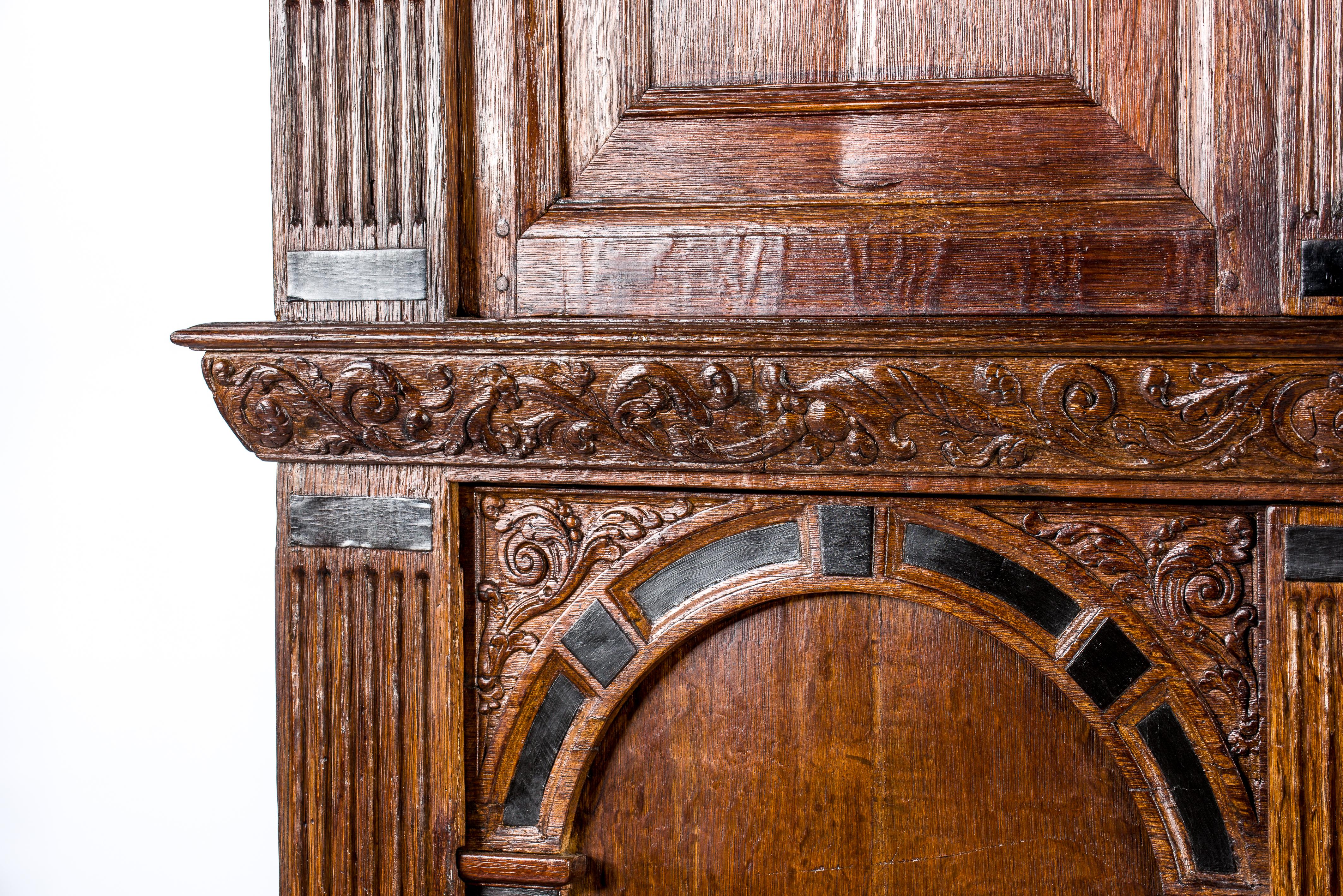 Steel 17th Century Dutch Renaissance Oak and Ebony Inlay Four-Door Cabinet Dated 1660 For Sale