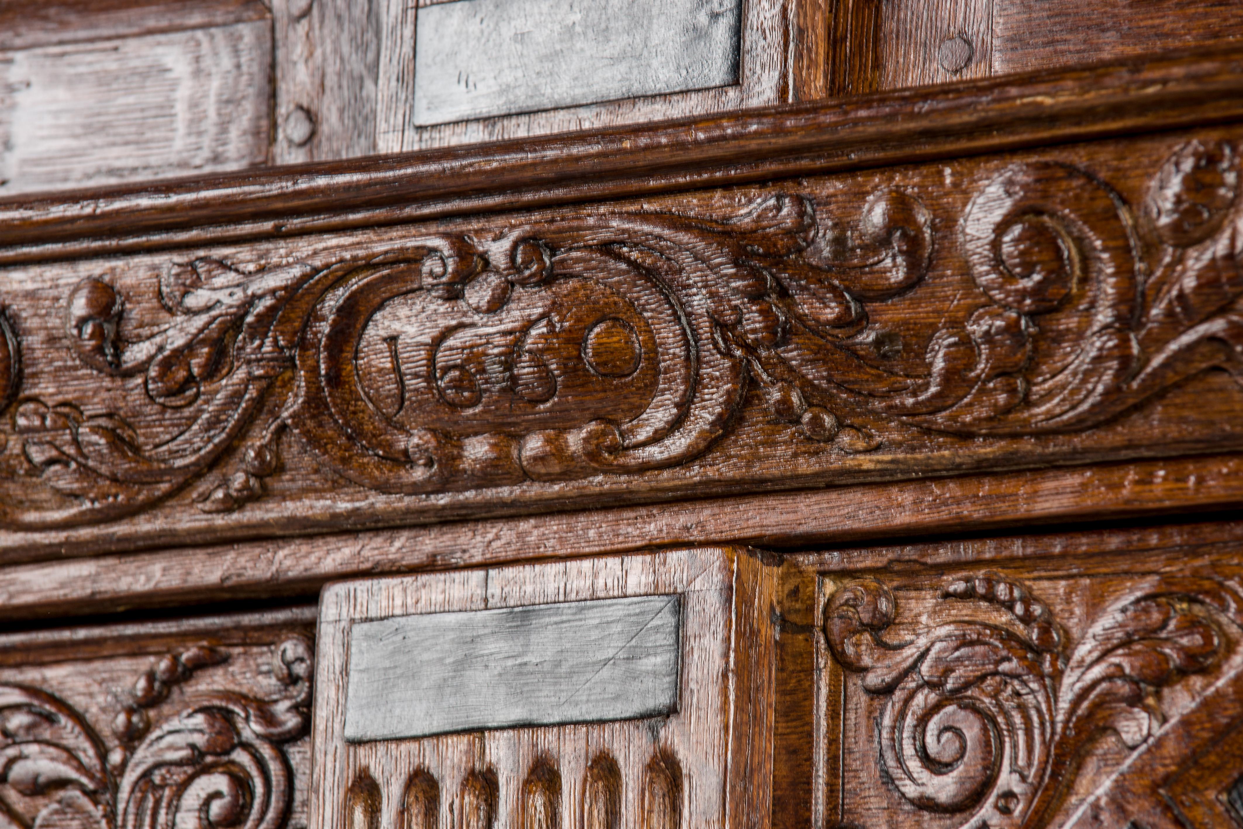 17th Century Dutch Renaissance Oak and Ebony Inlay Four-Door Cabinet Dated 1660 For Sale 1