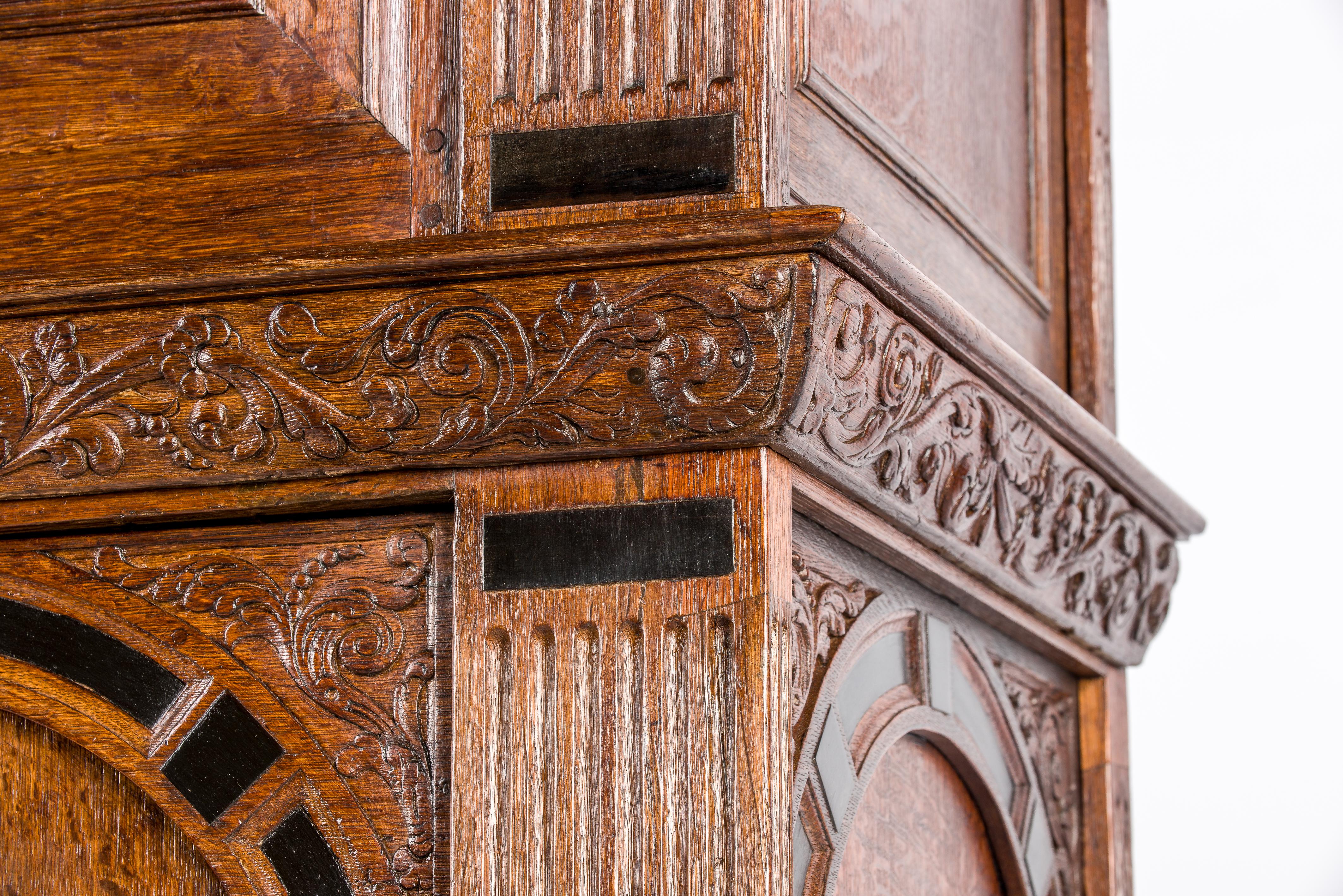 17th Century Dutch Renaissance Oak and Ebony Inlay Four-Door Cabinet Dated 1660 For Sale 3