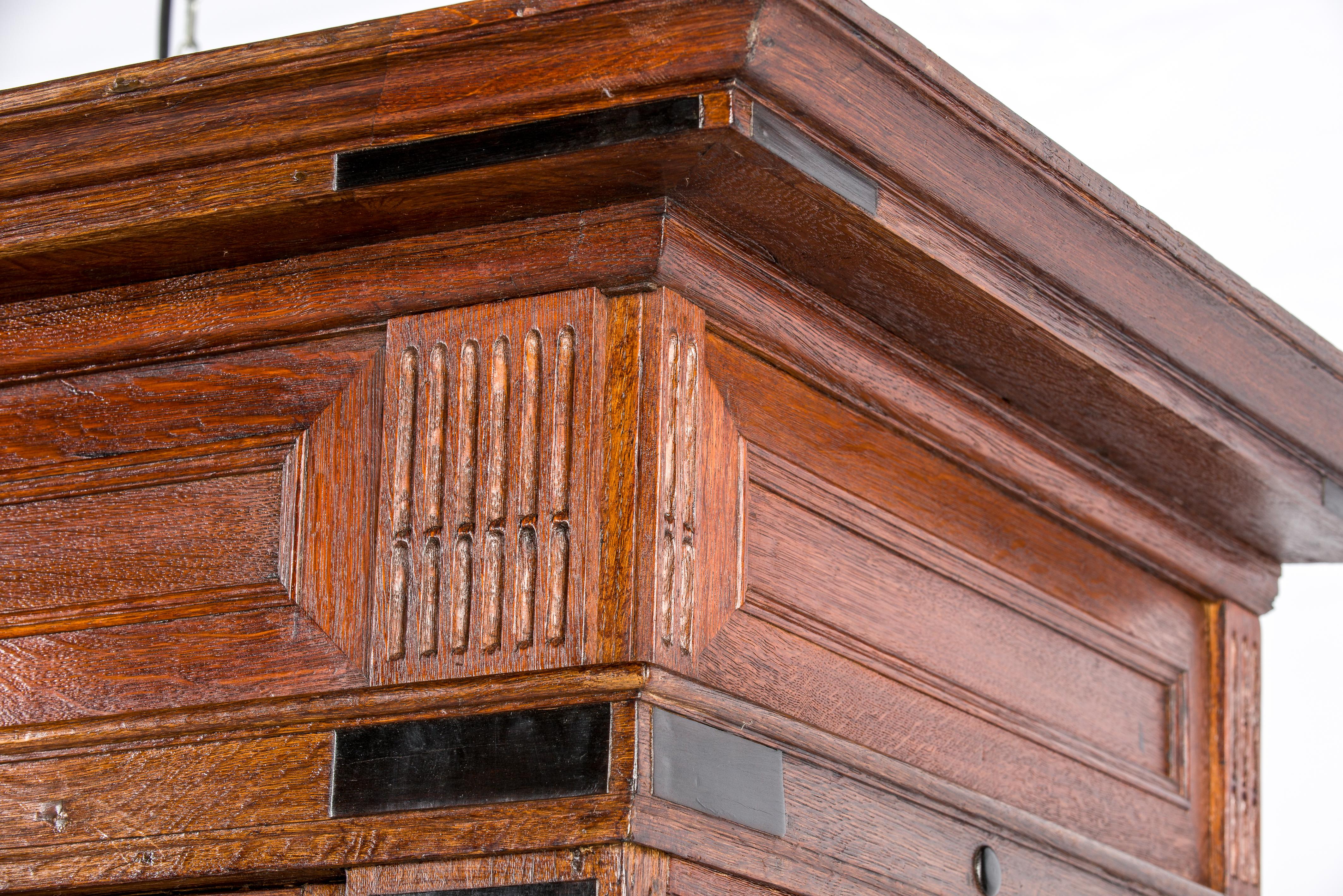 17th Century Dutch Renaissance Oak and Ebony Inlay Four-Door Cabinet Dated 1660 For Sale 4