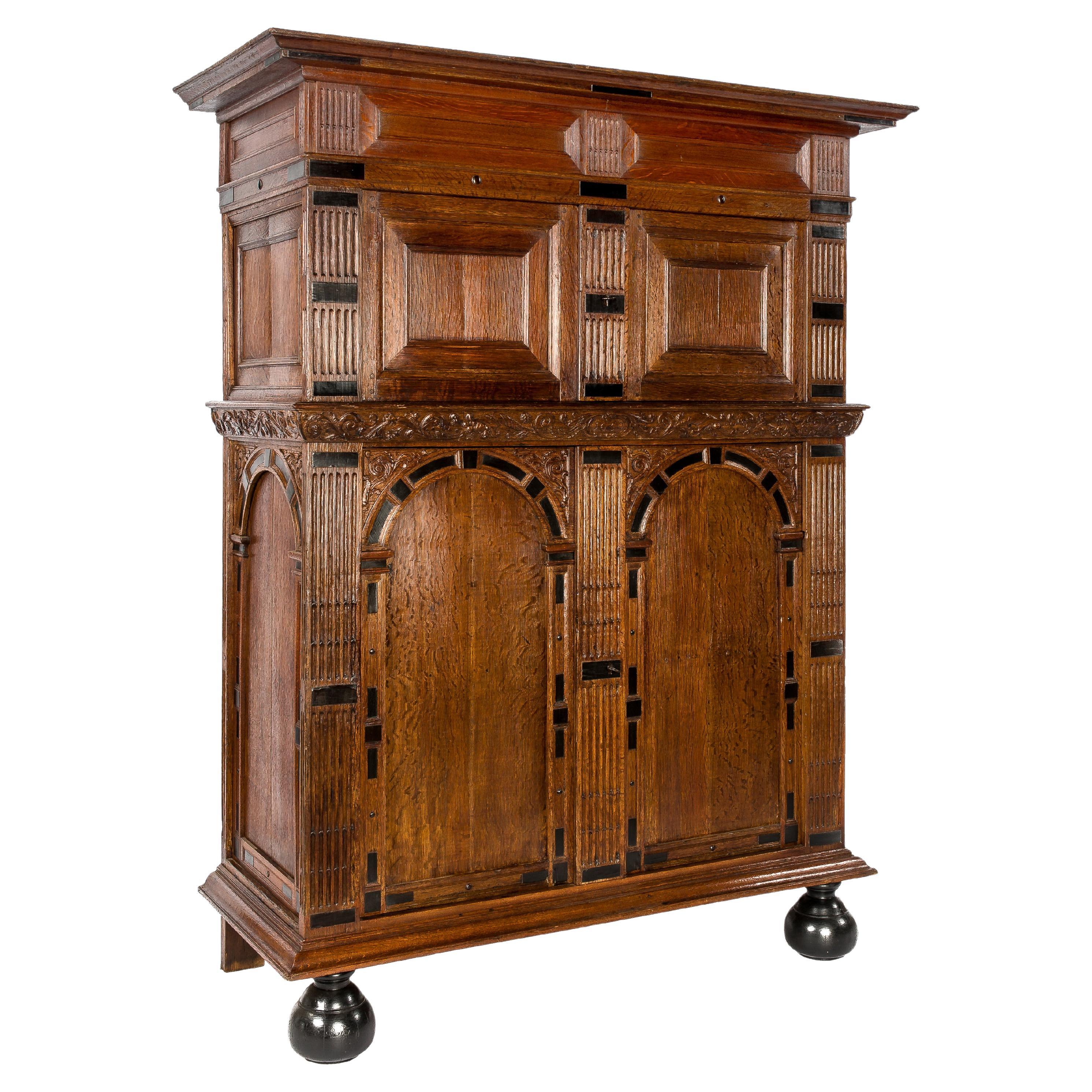 17th Century Dutch Renaissance Oak and Ebony Inlay Four-Door Cabinet Dated 1660 For Sale