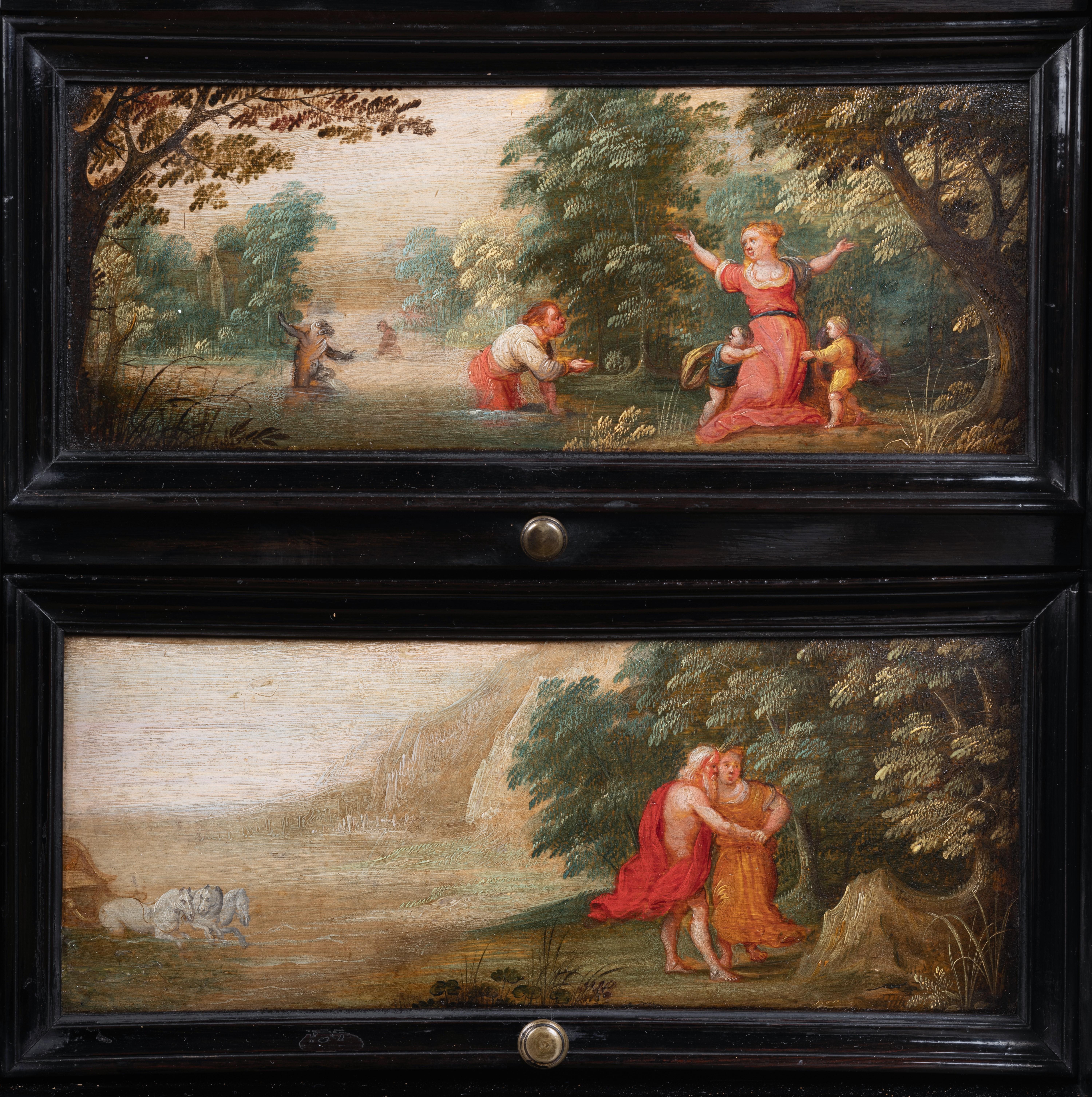 17th century ebonized Antwerp cabinet with painted panels, circle 1630 For Sale 2