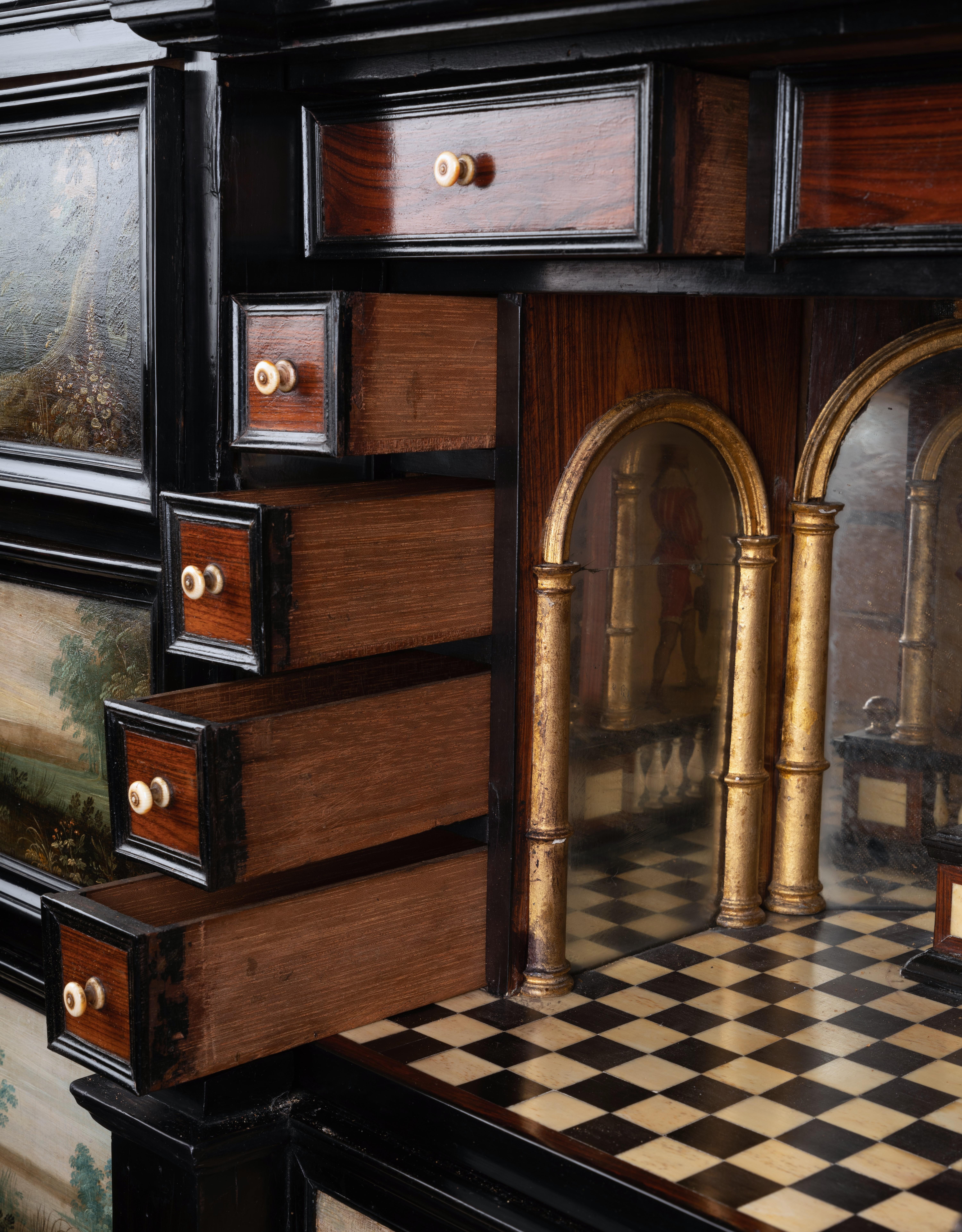 17th century ebonized Antwerp cabinet with painted panels, circle 1630 For Sale 4
