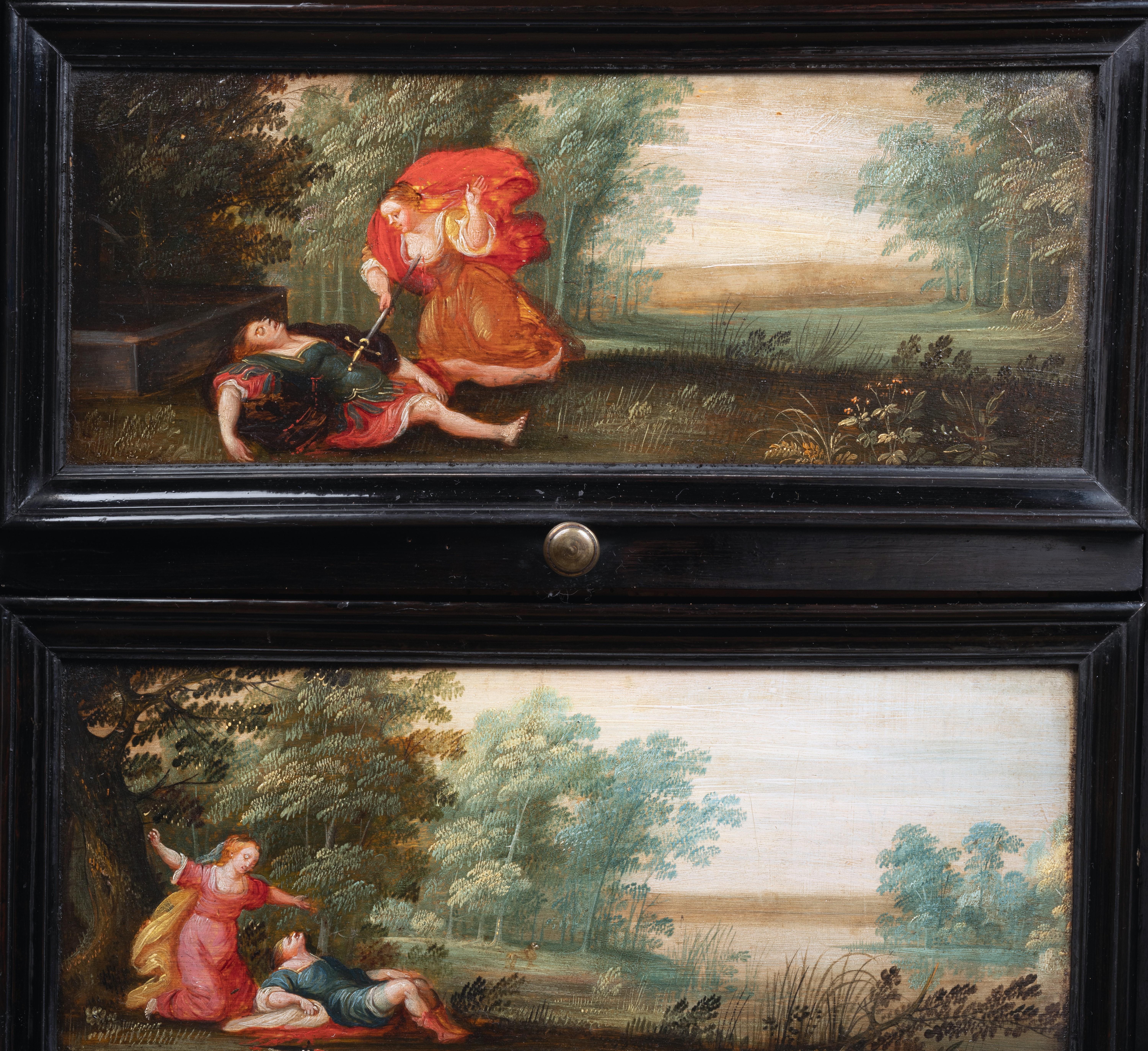 17th century ebonized Antwerp cabinet with painted panels, circle 1630 For Sale 5
