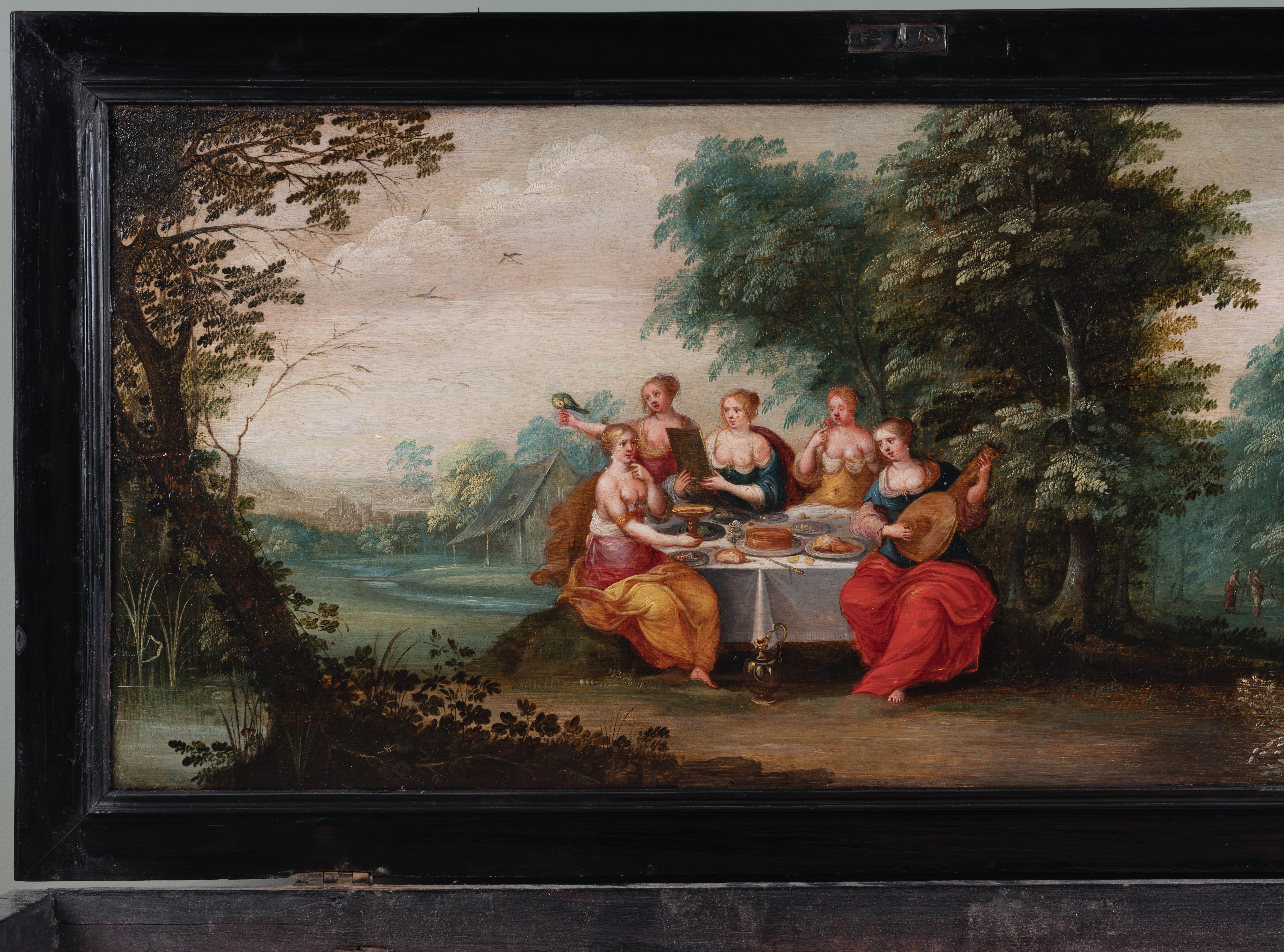 17th century ebonized Antwerp cabinet with painted panels, circle 1630 For Sale 8