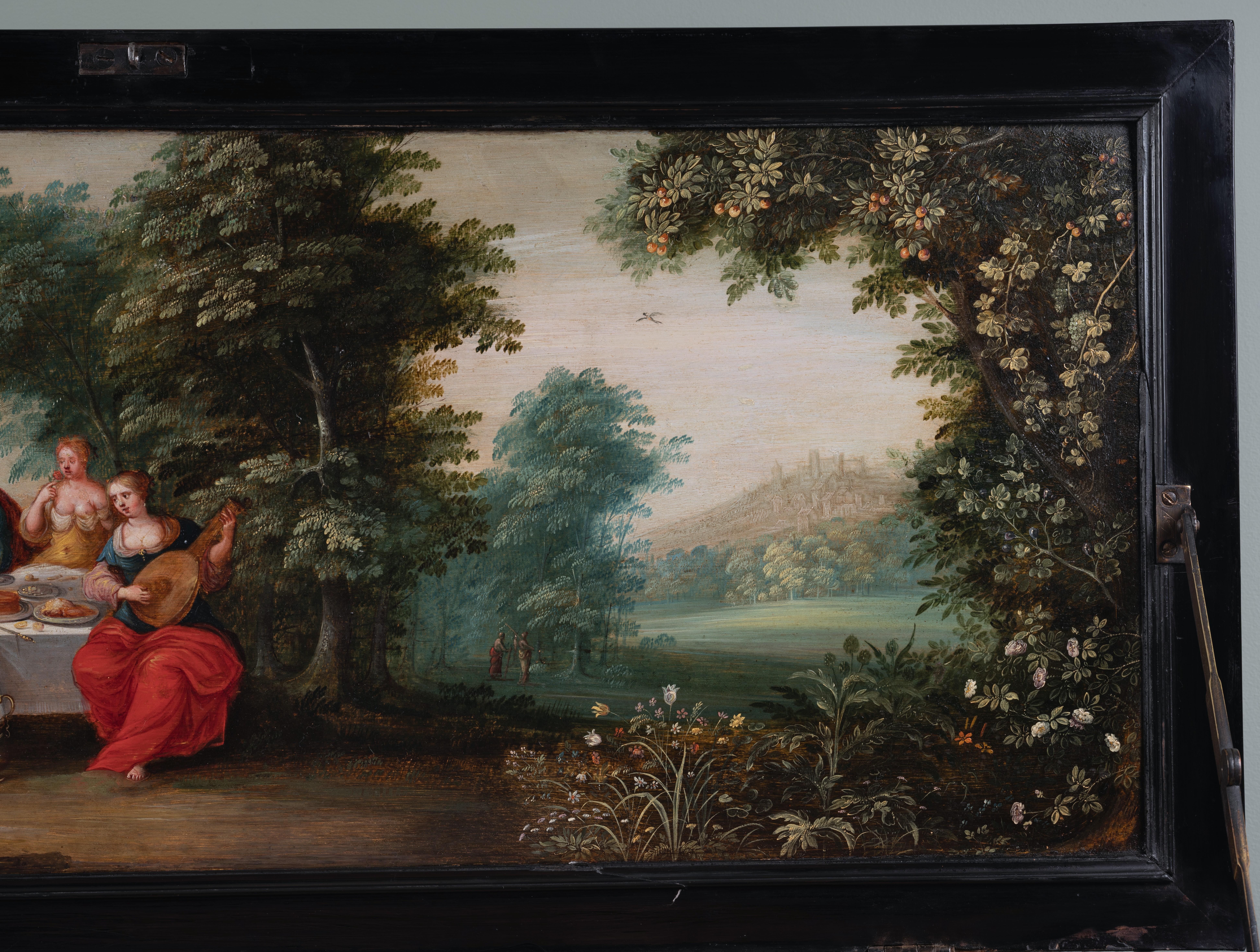 17th century ebonized Antwerp cabinet with painted panels, circle 1630 For Sale 9