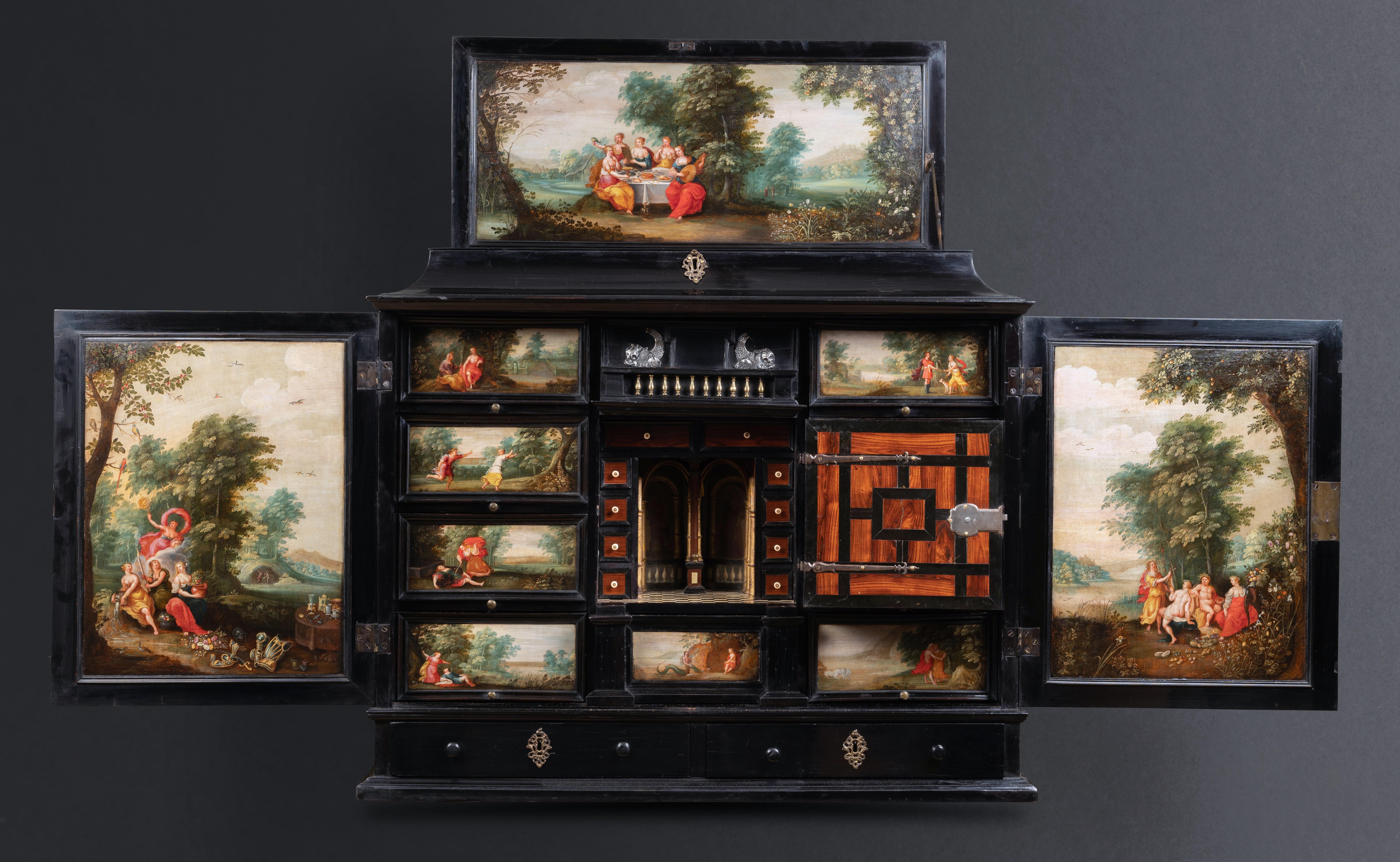 Cabinet
Antwerp, circa 1630, 17th century
Paintings on wood:
Circle of Hendrick van Balen (Antwerp, 1573–1632)
Dimensions: h. 86 cm, l. 102 cm, p. 47cm

This precious cabinet is one of the rare, emblematic works of the city of Antwerp, produced